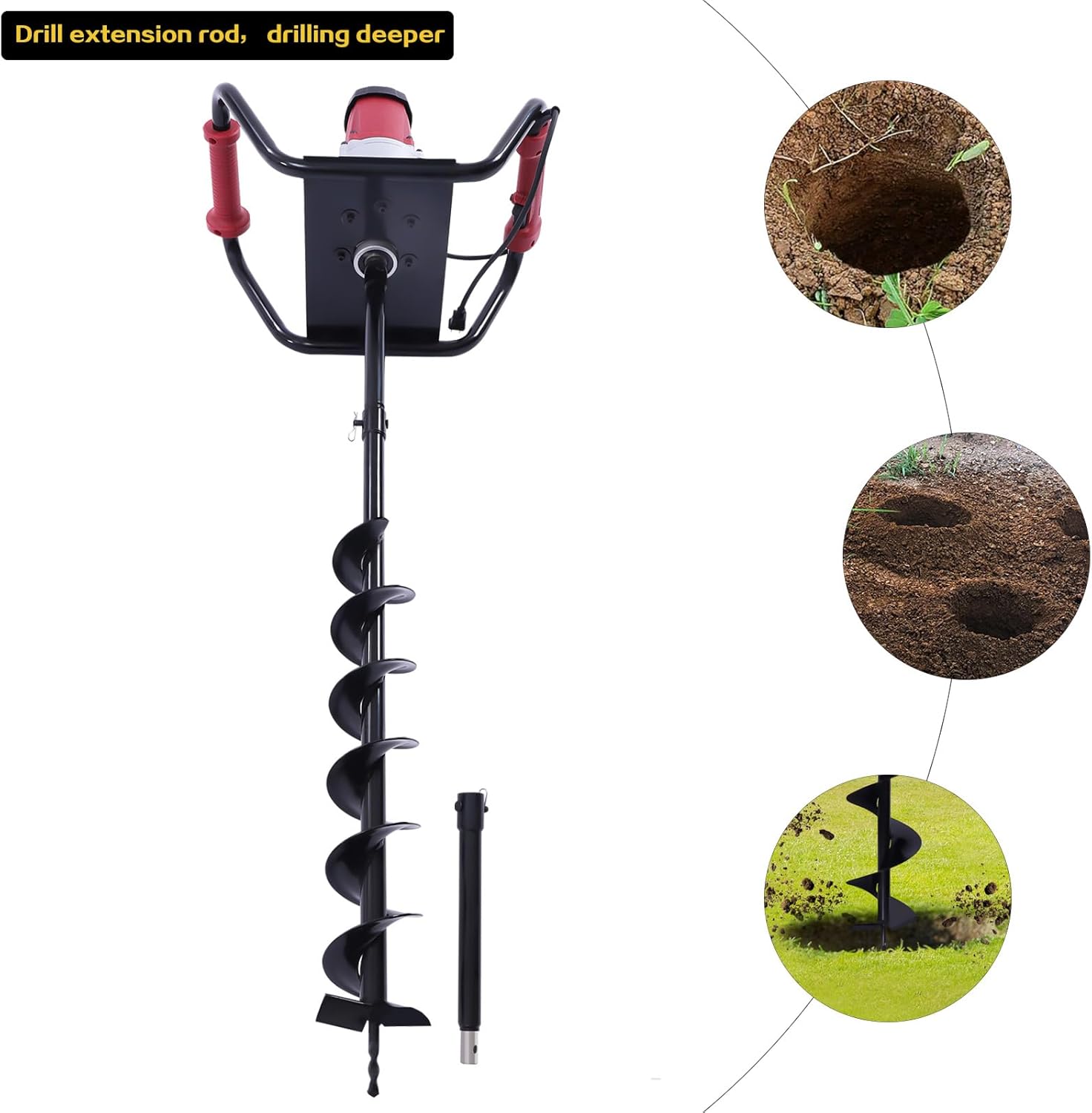 1.6HP Post Hole Diggers 1500W Taladro de excavación de barrena eléctrica w6″ barra de extensión de broca de alta velocidad de rotación 190-200rpmmin