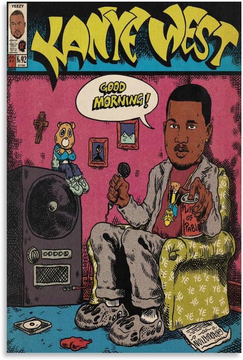 Kanye West – Póster artístico de cómics para dormitorio, lienzo estético, decoración de pared, 16 x 24 pulgadas (15.7 x 23.6 in)