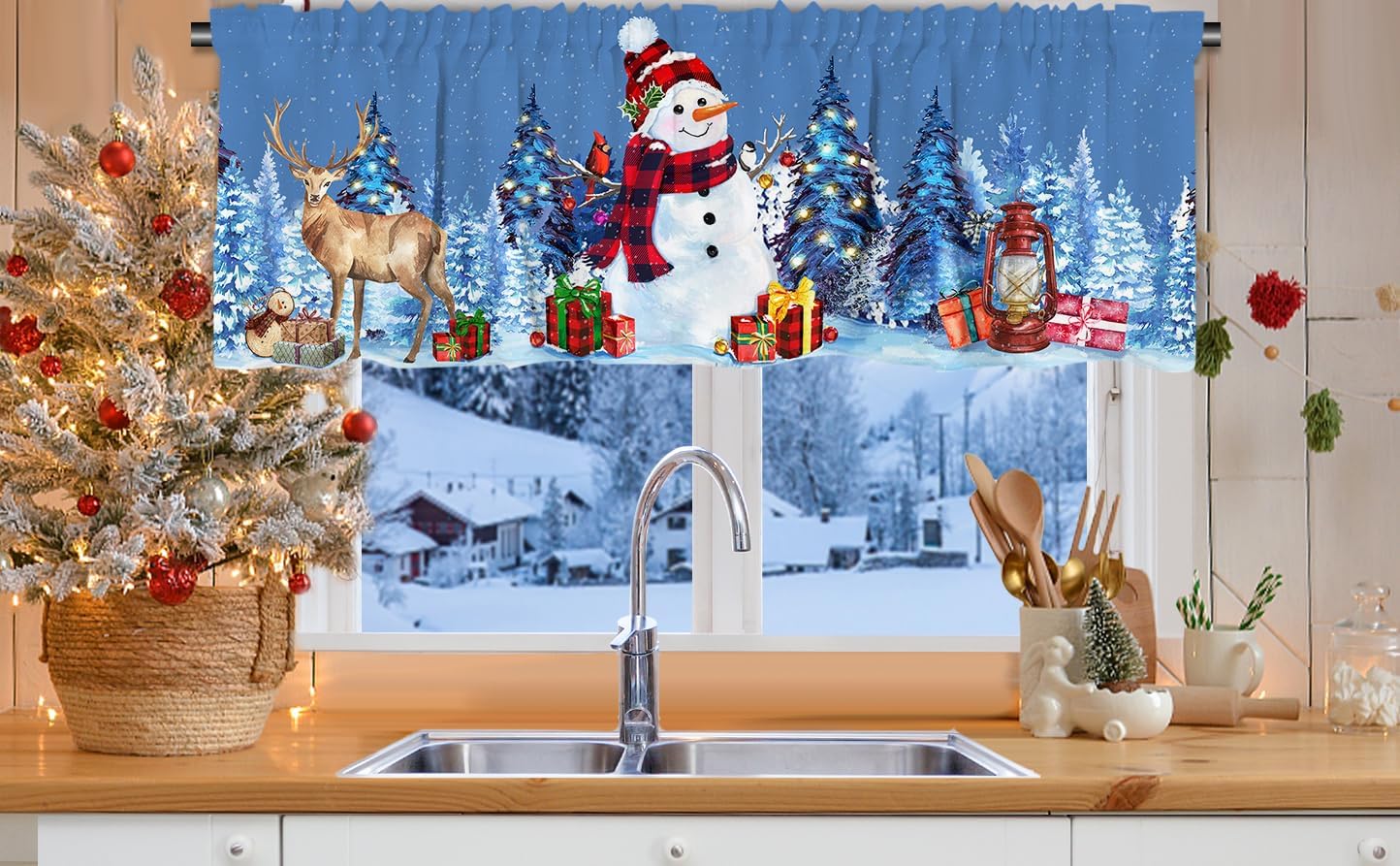 Cortina de cenefa de Navidad de muñeco de nieve para cocina, 18 x 54 pulgadas, decoración de ventana de cocina, cenefas de invierno de ciervos para
