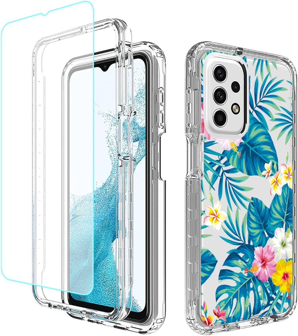 Funda para Galaxy A23, Samsung A23 SM-A235M con protector de pantalla de vidrio templado, funda protectora de TPU transparente floral a prueba de
