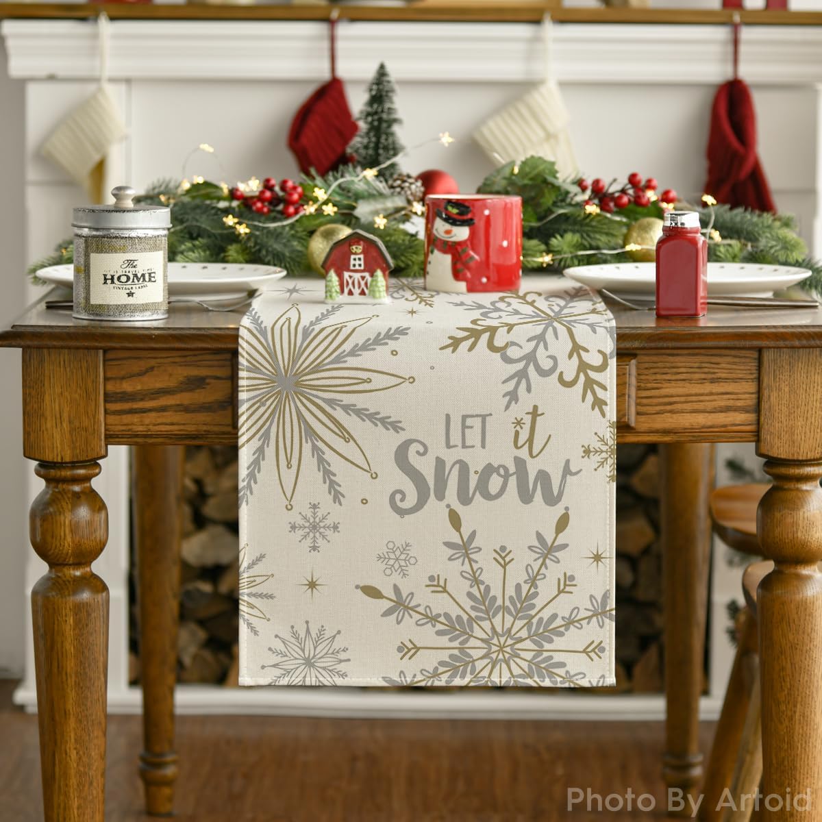 Artoid Mode Camino de mesa de invierno con copos de nieve beige Let It Snow, decoración de mesa de comedor de cocina de Navidad para decoración de