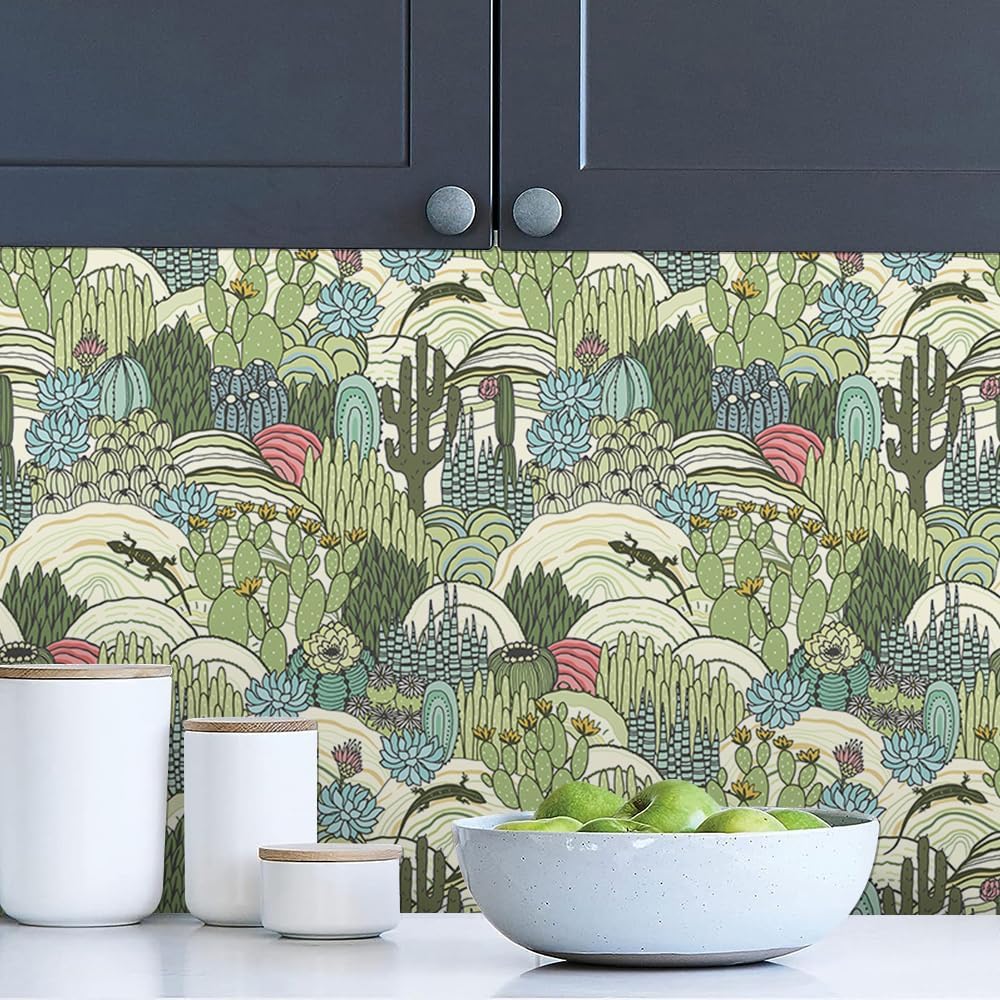 Papel tapiz con diseño de cactus verdes, animales del bosque, fácil de despegar, con diseño de lagarto, autoadhesivo, extraíble, para armario de