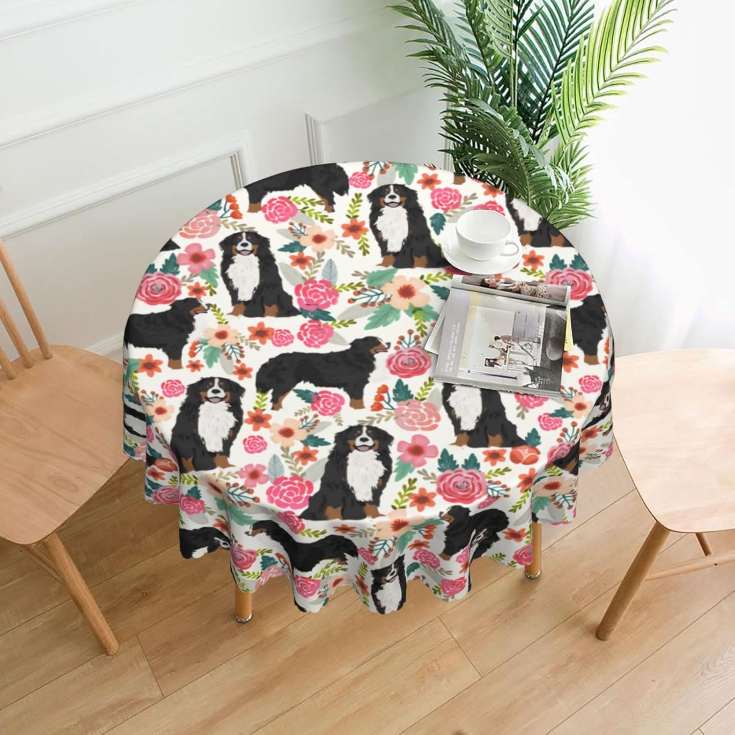 Bonito mantel con estampado floral de perro de montaña bernés con ribete de encaje, sin arrugas, para fiestas, cumpleaños, banquetes, cocina,