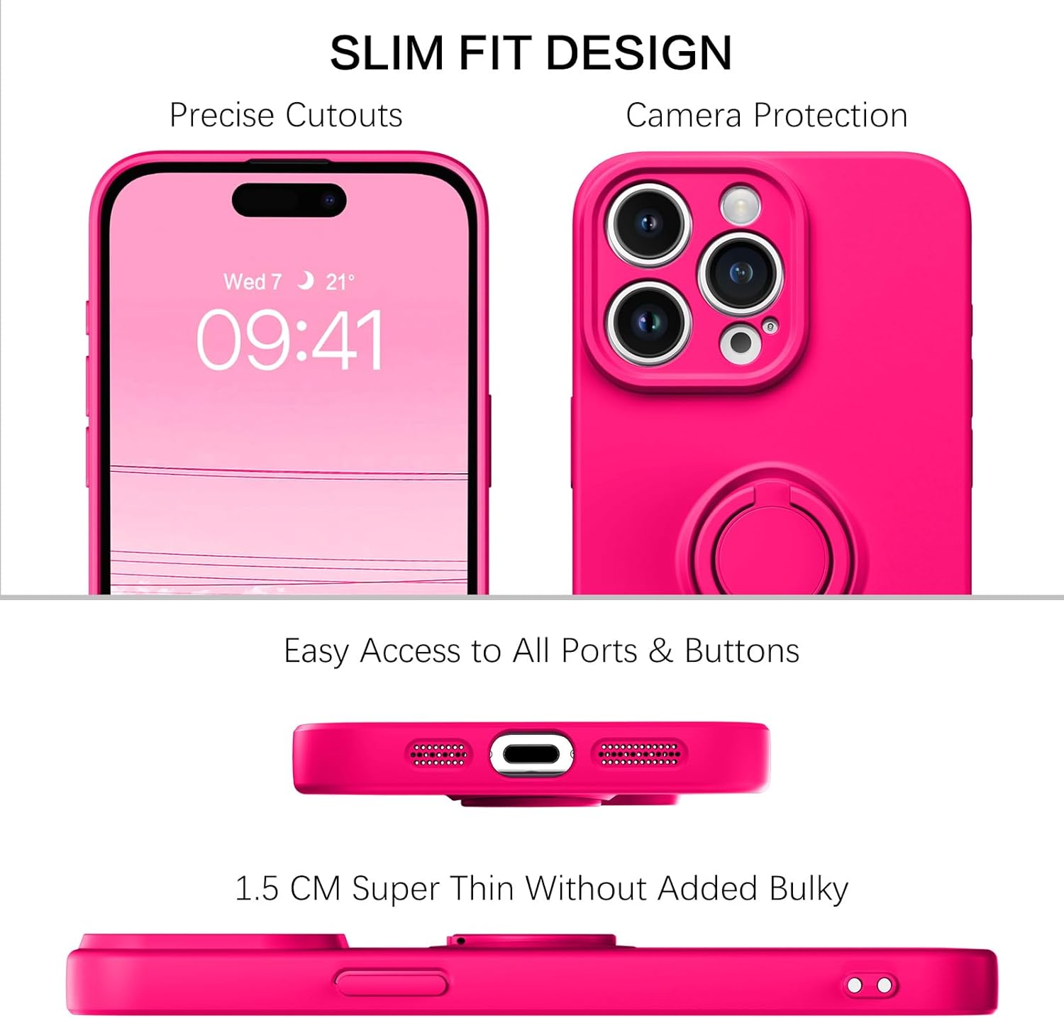 BENTOBEN Funda compatible con iPhone 15 Pro Max 2023, ajuste delgado, de silicona suave, goma de gel, soporte de anillo a prueba de golpes,