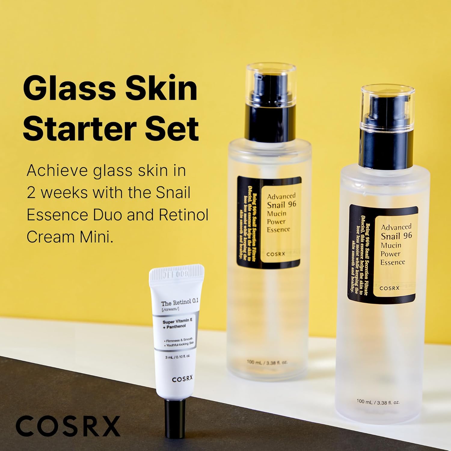 COSRX Juego de iniciación de Glass Skin para principiantes, Advanced Snail 96 Mucin Power Essence (3.38 onzas líquidas x 2) y Retinol 0.1 Cream Mini