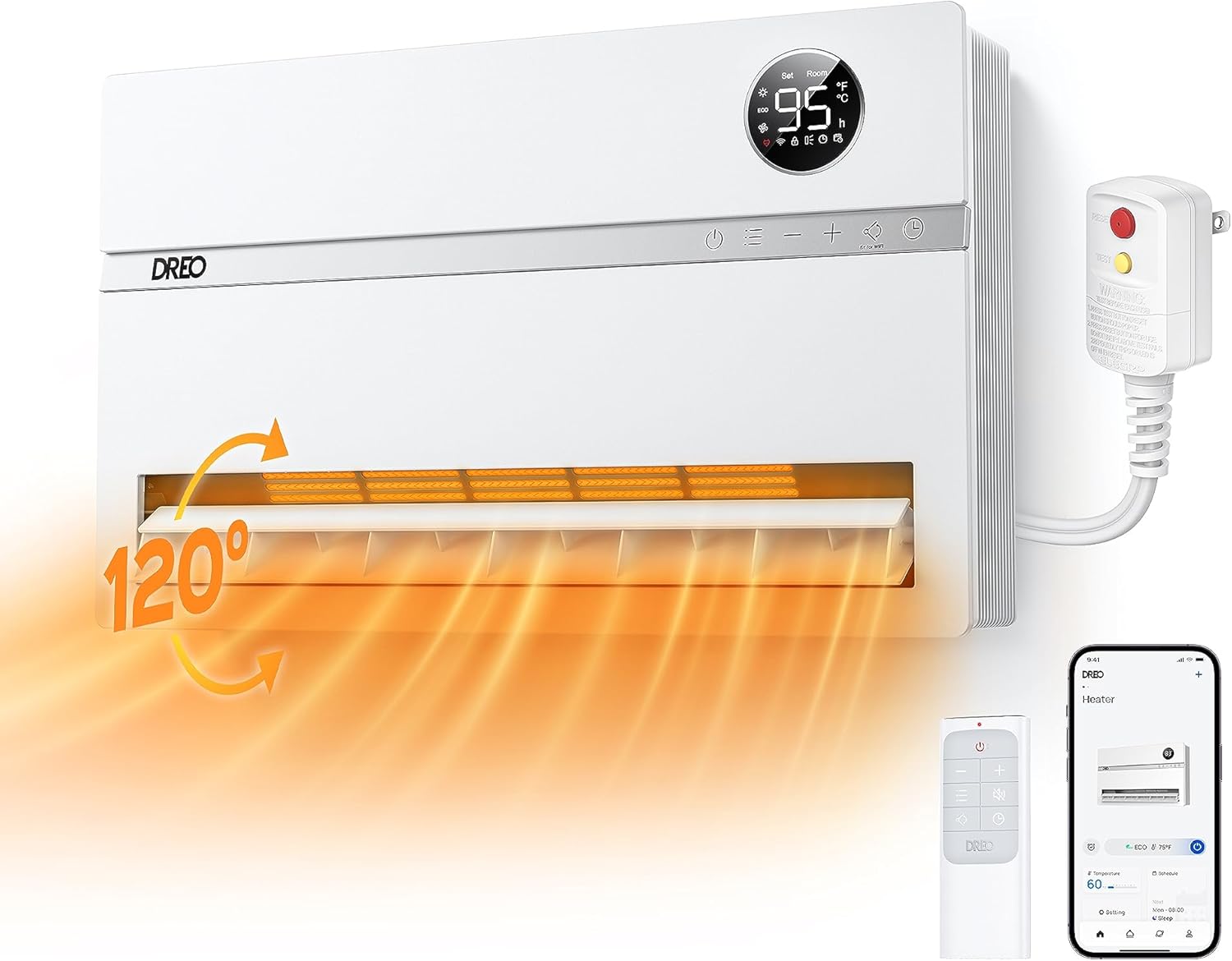 Dreo Calentador de pared para baño, calentadores de espacio inteligentes con enchufe ALCI, 1500 W, oscilación vertical de 120, termostato ajustable,