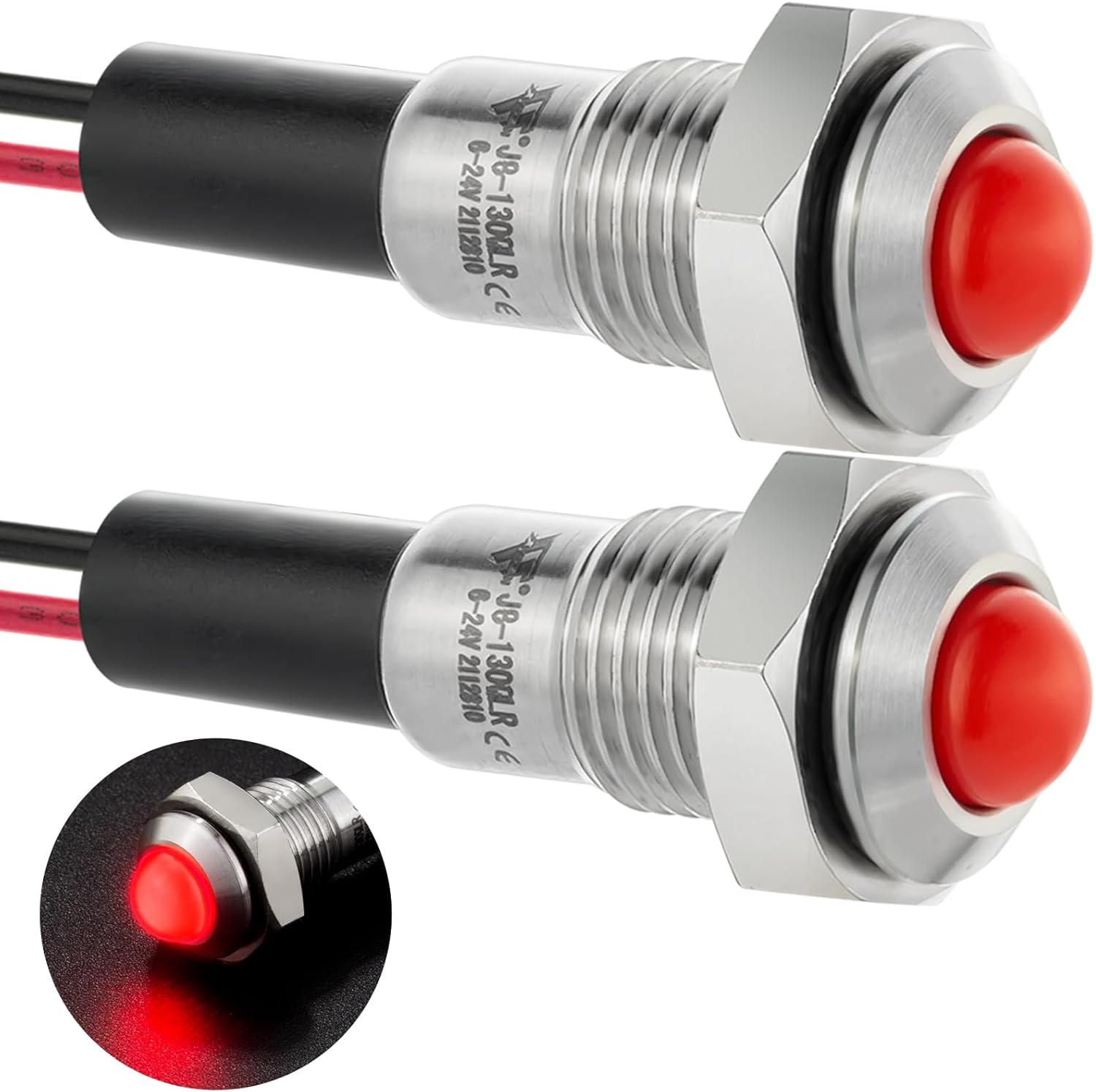 2 mini luces indicadoras de 0.315 in 0.31 pulgadas, 12 V-24 V, LED rojo, impermeable, IP67, cúpula, cabeza alta, lámpara de señal de acero