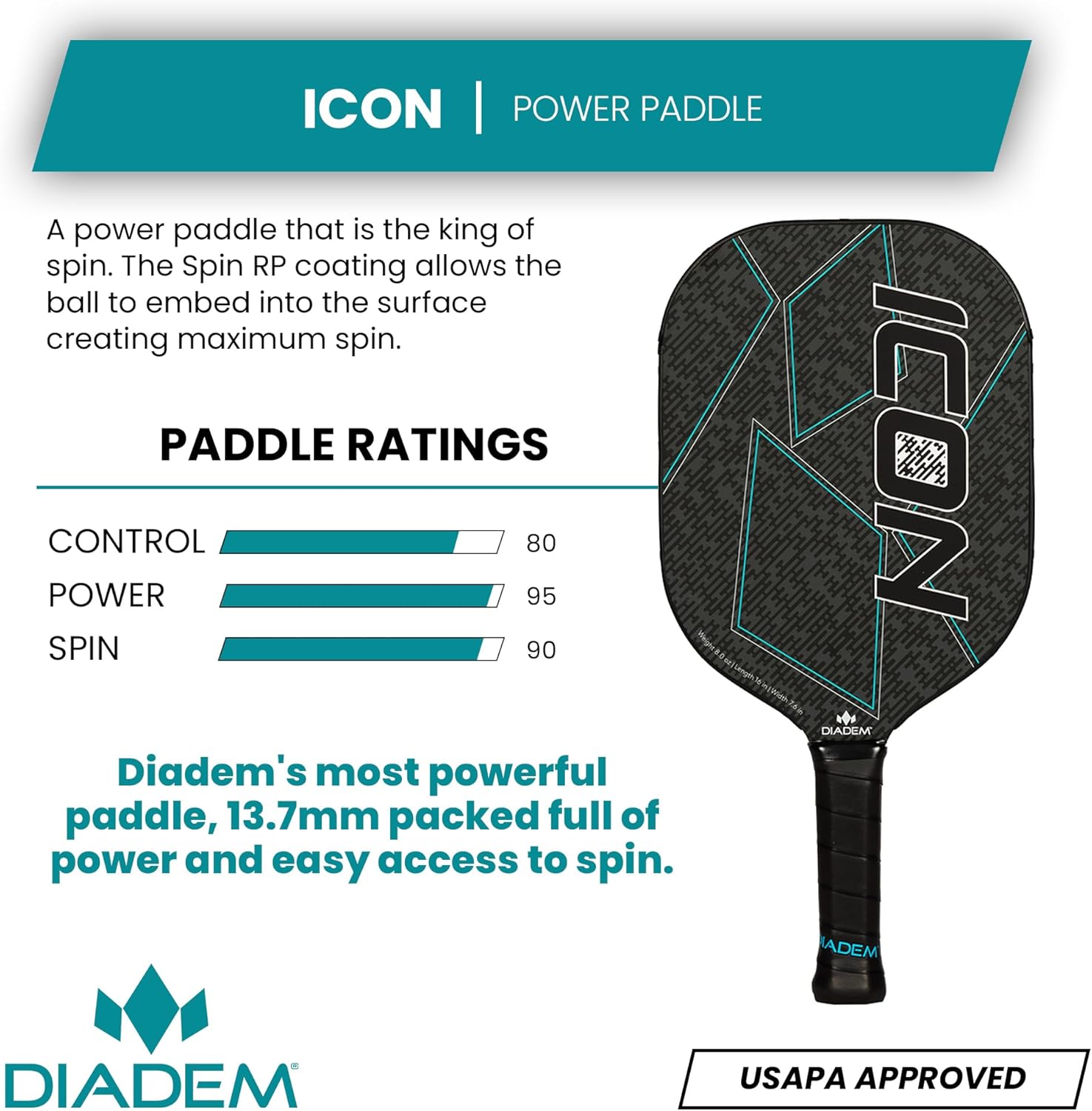 Diadem ICON Performance Pickleball Paddle  Fibra de carbono de grafito, núcleo de nido de abeja, cara de fibra de vidrio, protector de borde ultra