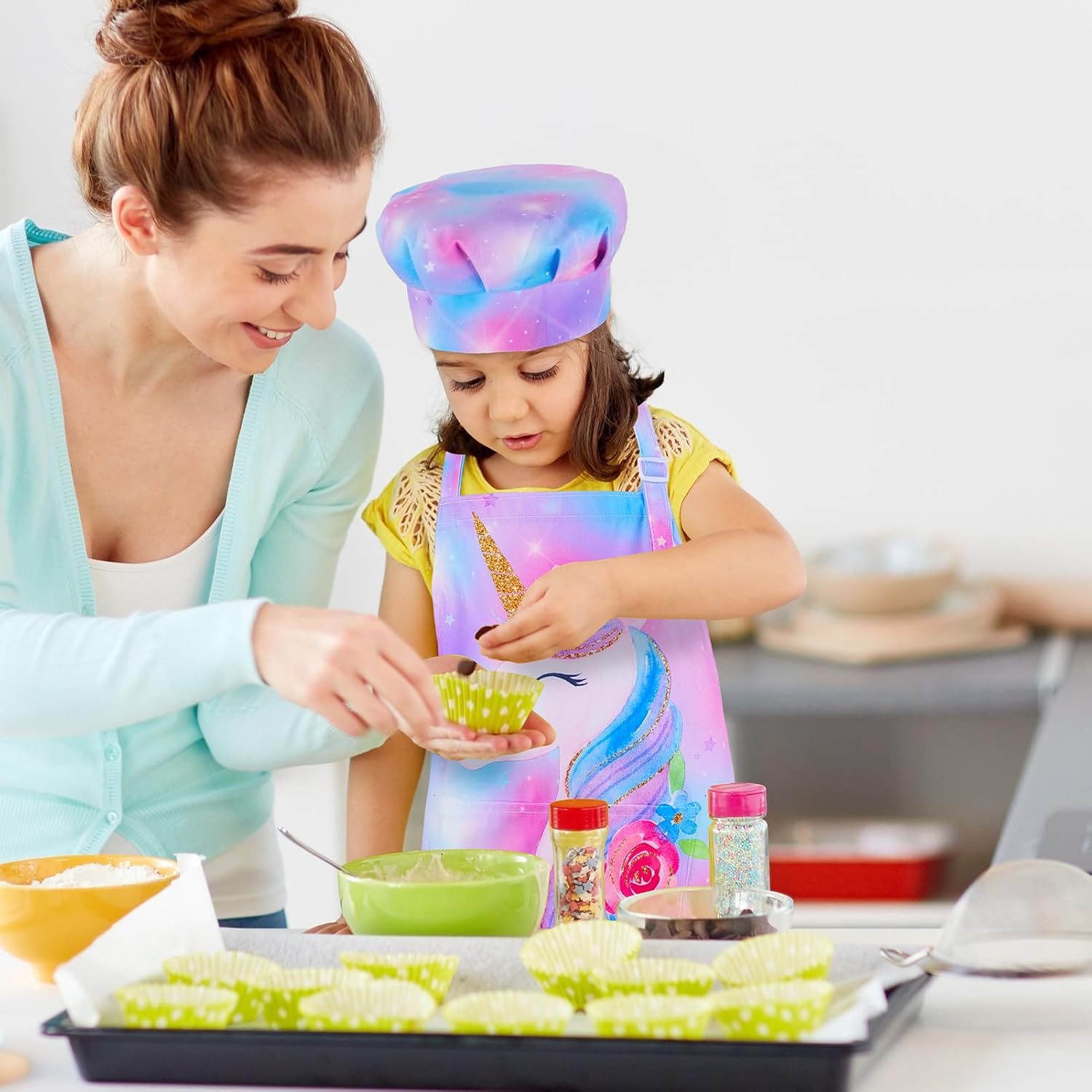 MHJY Juego de delantal y sombrero de chef para niños, para cocinar, hornear, pintar, bonito delantal para niñas pequeñas con bolsillos, color azul y