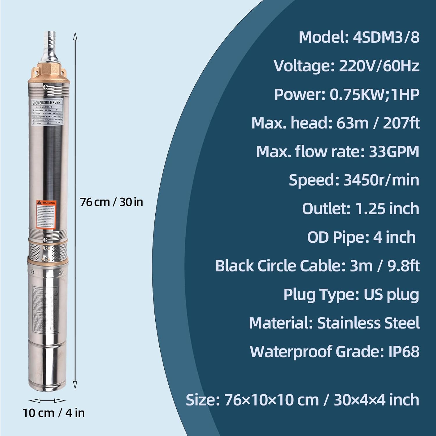 Bomba sumergible de pozo profundo 1HP, 220 V60 Hz, 33 GPM, cabeza de 207 pies, acero inoxidable con cable de 9.8 pies, bombas de agua de acero