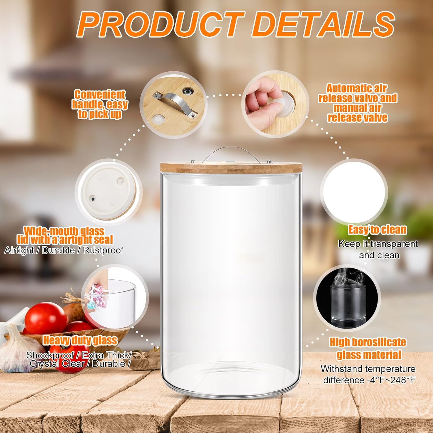 Mifoci Tarros grandes de almacenamiento de vidrio con tapa hermética de bambú, tarro transparente de boca para fermentar kombucha, decapado,