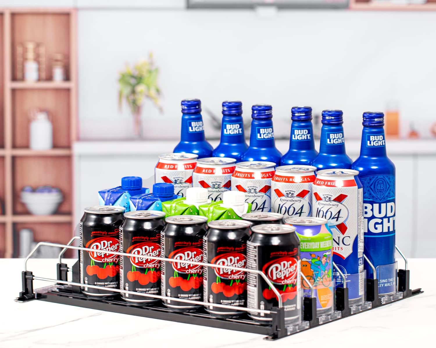 Rula Organizador de bebidas para refrigerador, dispensador de latas de soda autoempujable para refrigerador, negro, 4 filas, 16.2 pulgadas de