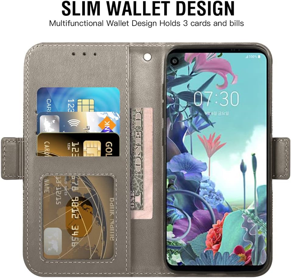 Asuwish Compatible con LG Q70 – Funda tipo cartera y protector de pantalla de vidrio templado, funda de cuero con tapa para tarjetas de crédito,