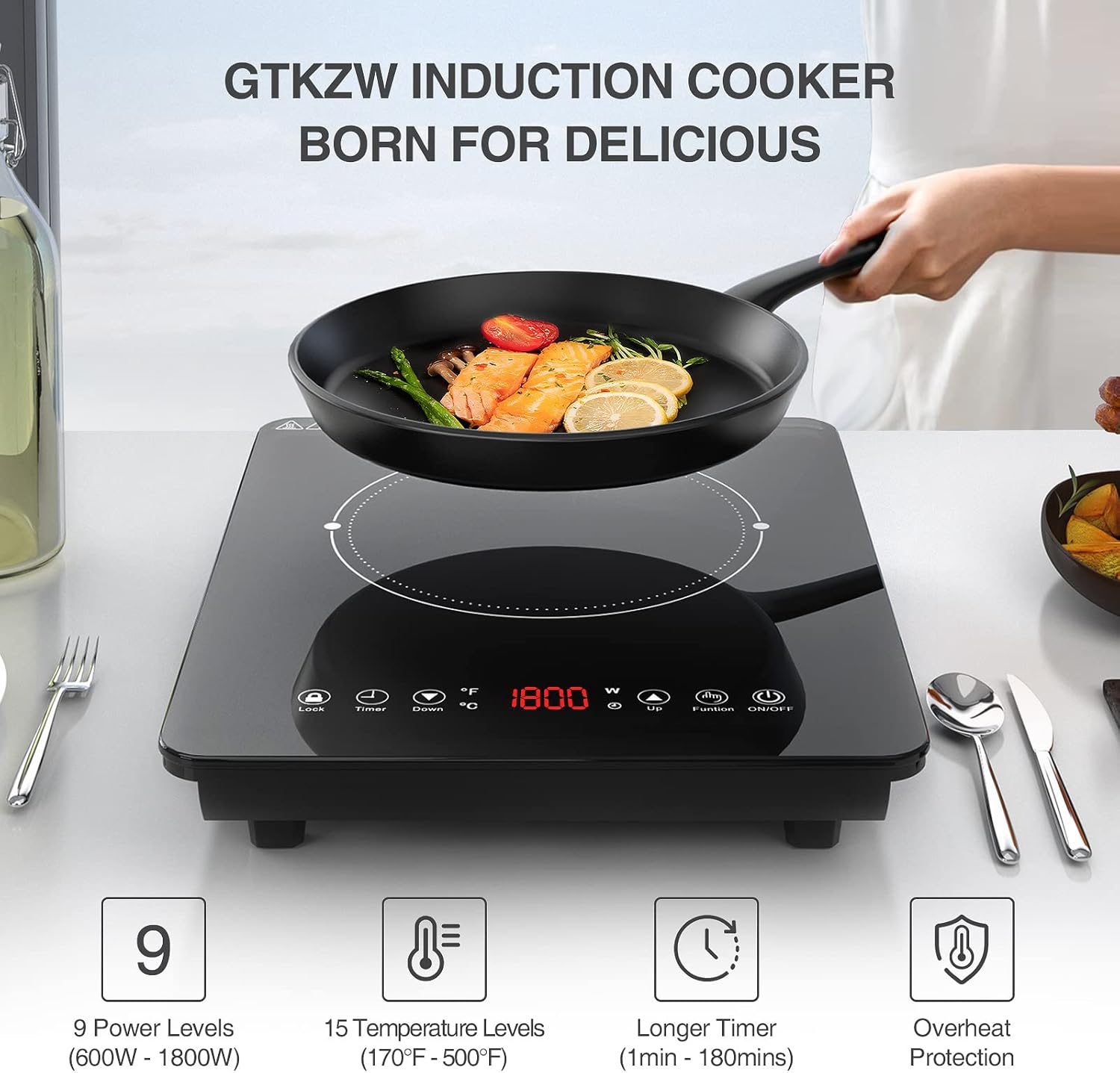 GTKZW – Placa de cocción de inducción portátil de 1800 W, placa de cocción eléctrica de inducción de 1800 W, quemador de estufa de inducción