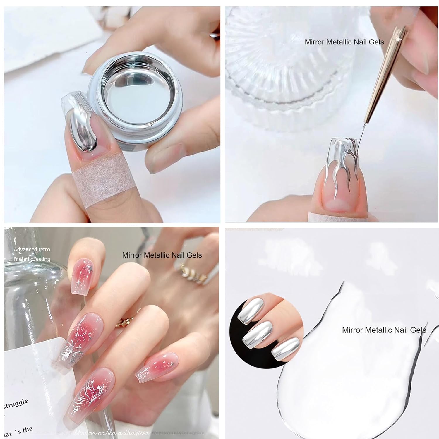 Esmalte de uñas de gel de pintura metálica con espejo metálico, pintura plateada, esmalte de gel de dibujo, arte de uñas, brillo de metal 3D, para