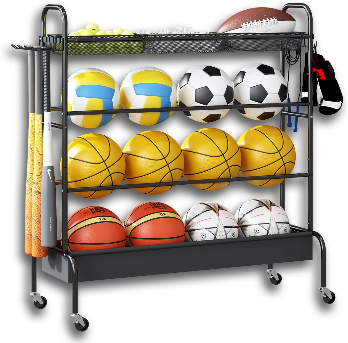 Estante de baloncesto, soporte de entrenamiento de tiro de baloncesto, almacenamiento de equipos deportivos de garaje, soporte organizador de bolas