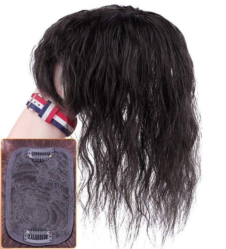 3 x 4.7 pulgadas con clip superior para mujer, pieza de cabello humano ligeramente rizado con flequillo lateral, color negro, 14 pulgadas