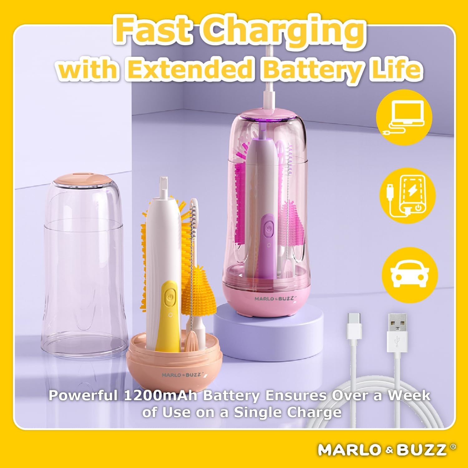 Marlo & Buzz Juego de limpiador eléctrico de cepillos para biberones, cepillos de silicona impermeables recargables con cepillo para biberón grande,