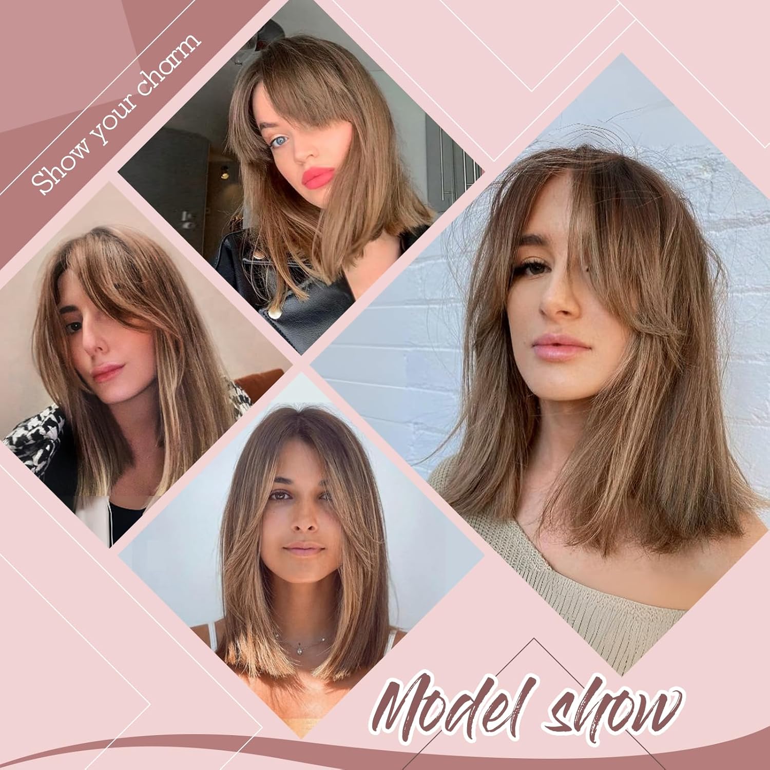 HAIRCUBE Pelucas de color marrón degradado para mujer, peluca rubia ceniza con flequillo de cortina, longitud al hombro, peluca sintética natural