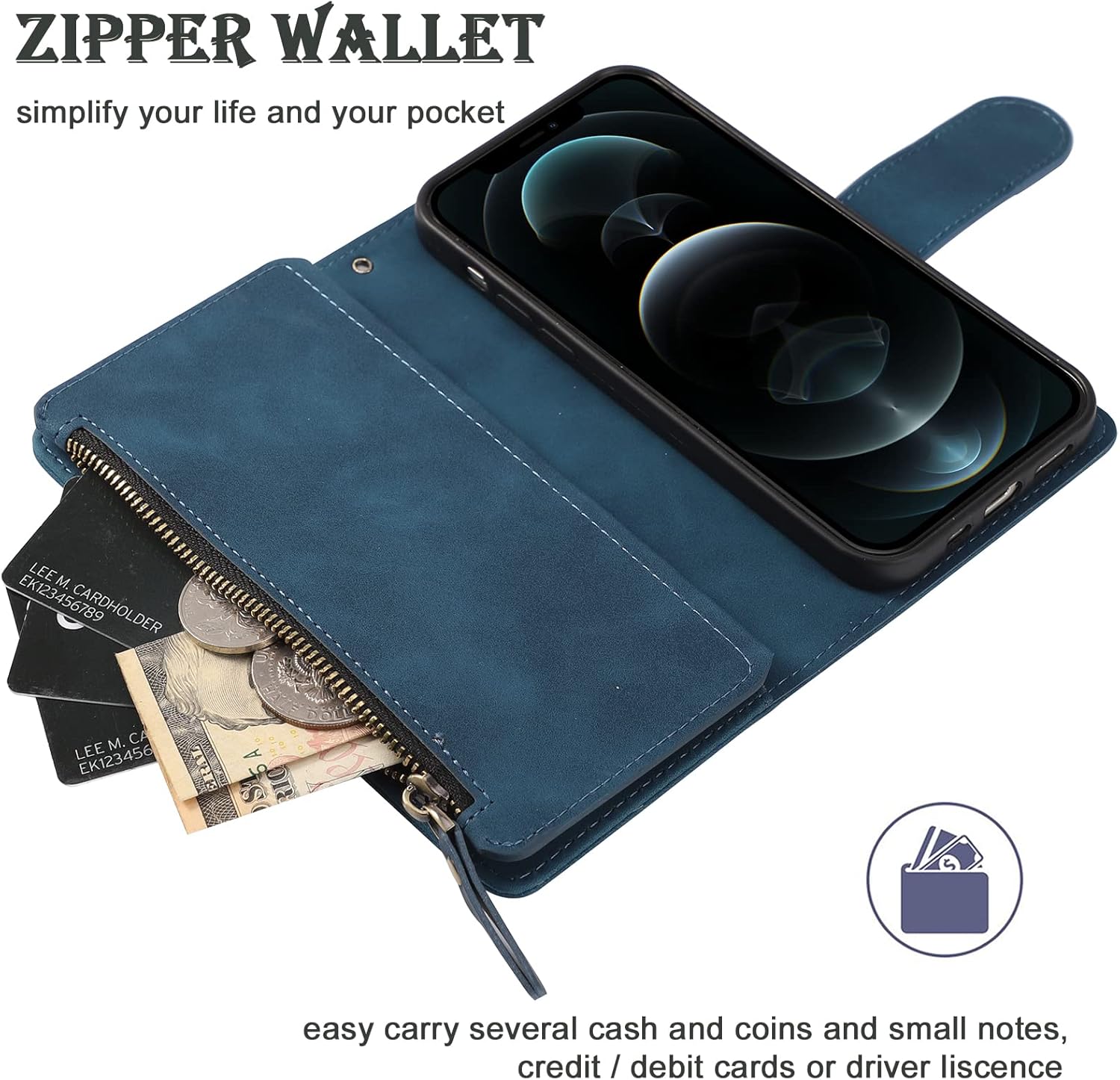 RANYOK Funda tipo cartera compatible con iPhone 11 (6.1 pulgadas), piel sintética de alta calidad, con cremallera, cartera con bloqueo RFID y correa
