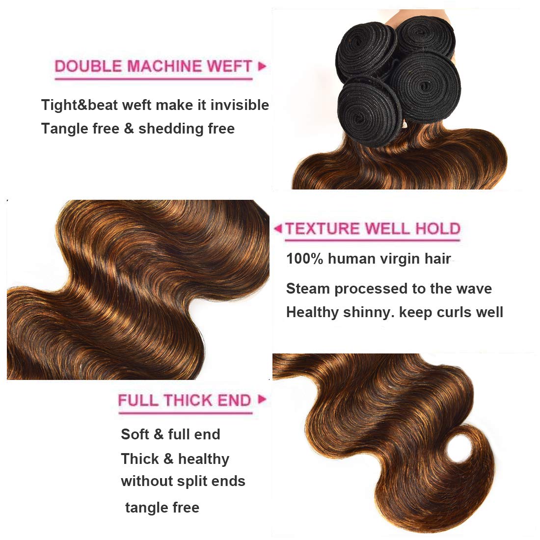 UNice Cabello humano ondulado marrón degradado 1 paquete de 8 pulgadas, cabello Remy brasileño raíz oscura rubio, extensiones de cabello humano