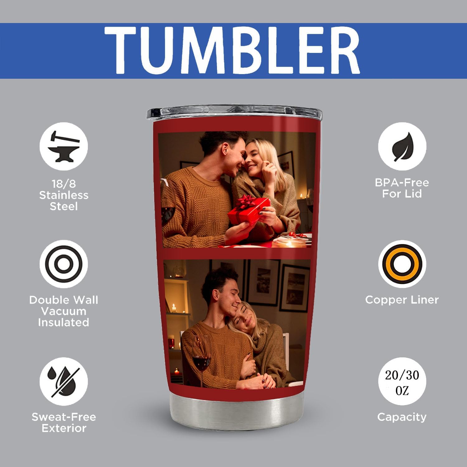 YESCUSTOM Taza de café personalizada con imágenes para hombres y mujeres, 3020 onzas, vaso personalizado de 1 a 9 fotos, taza de acero inoxidable,