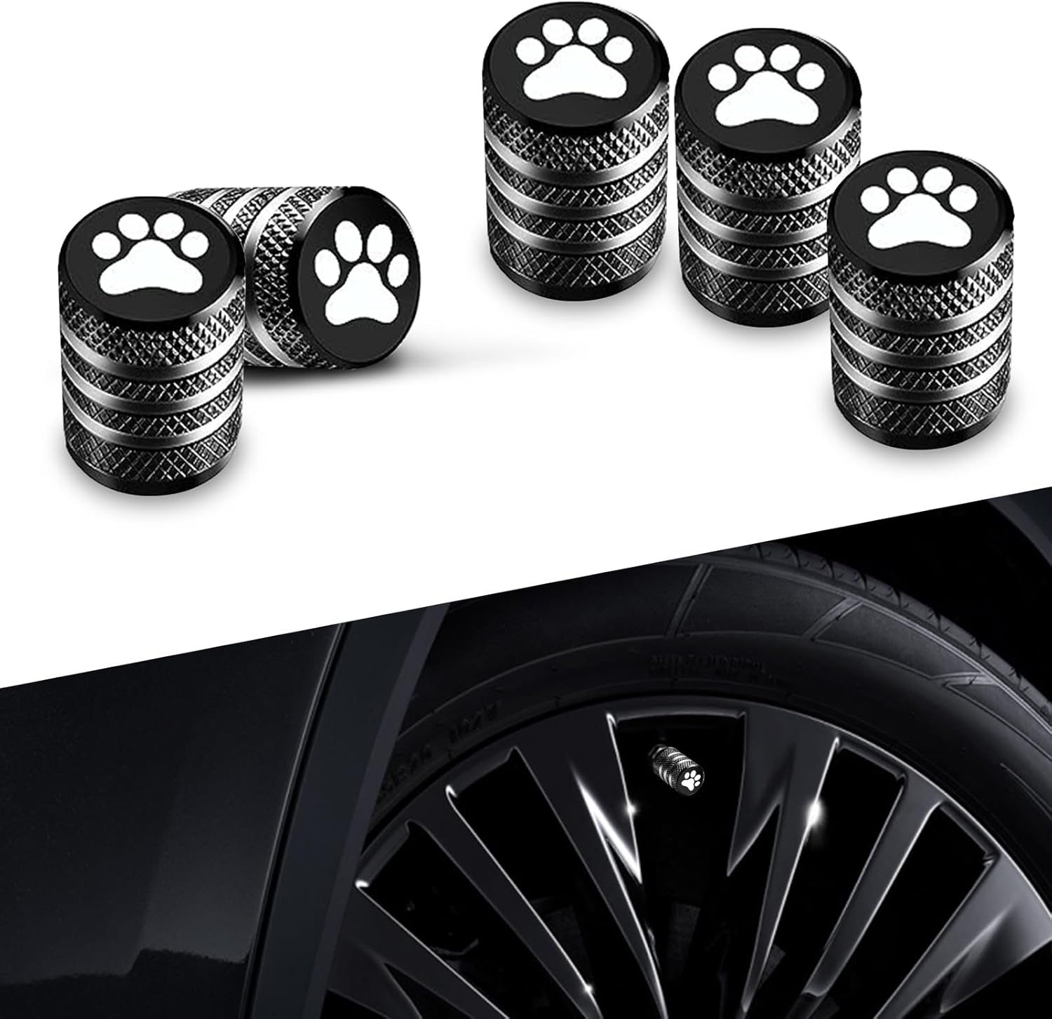 5 tapas de vástago de válvula de neumático, metal con forro resistente a fugas tapa de aire para neumáticos, patas de perro (negro)