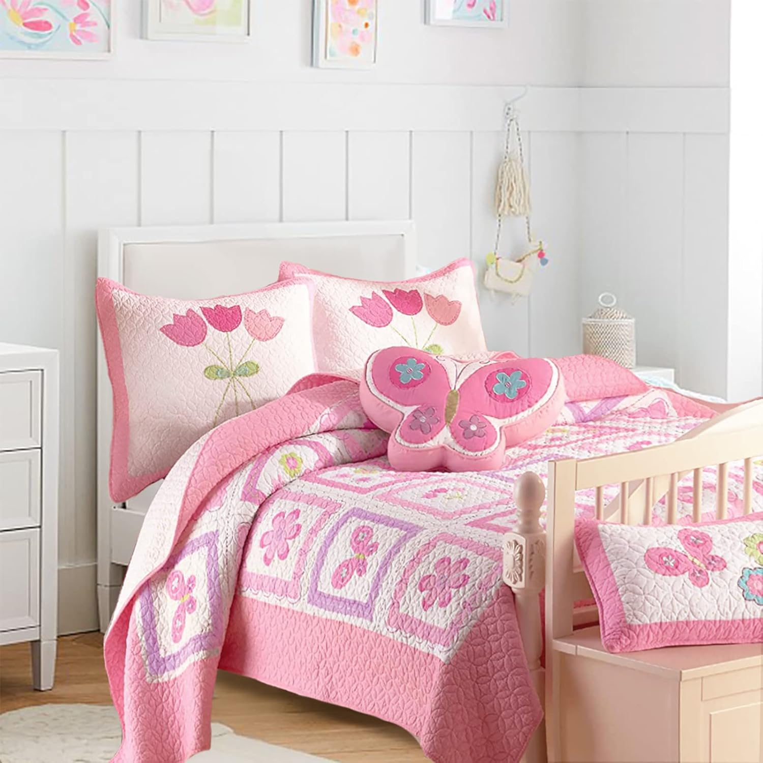 Cozy Line Home Fashions – Juego de ropa de cama con diseño de tulipán, mariposa, flores rosas, reversible, 100 % de algodón