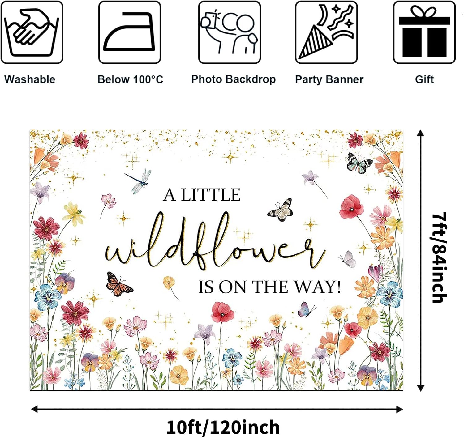Avezano Decoraciones de flores silvestres para baby shower con texto en inglés “A Little Wildflower is On The Way”, telón de fondo para baby shower