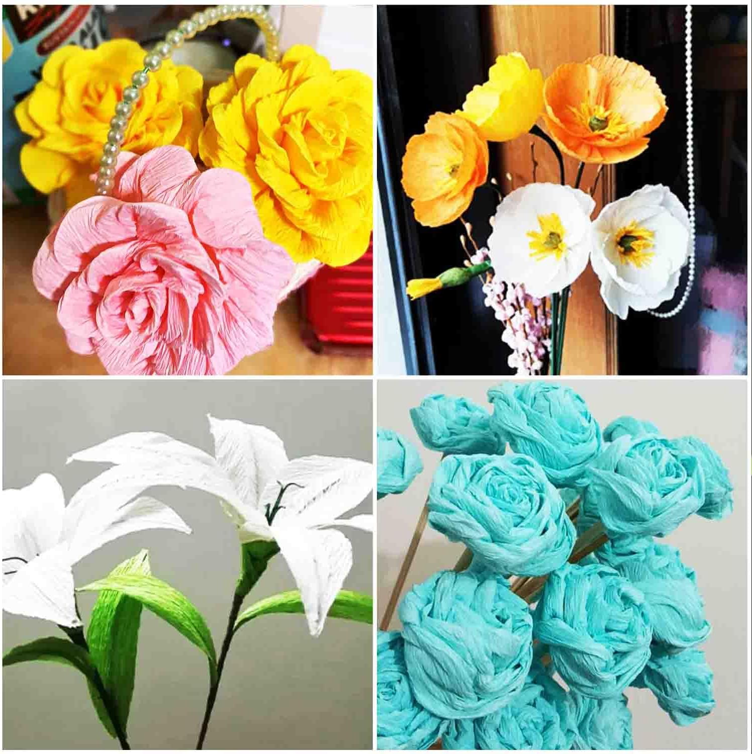 KYMY Papel crepé, rollos de papel crepé, kits de bricolaje de flores con cables de hierro y cinta, serpentina de papel crepé para cumpleaños, bodas,