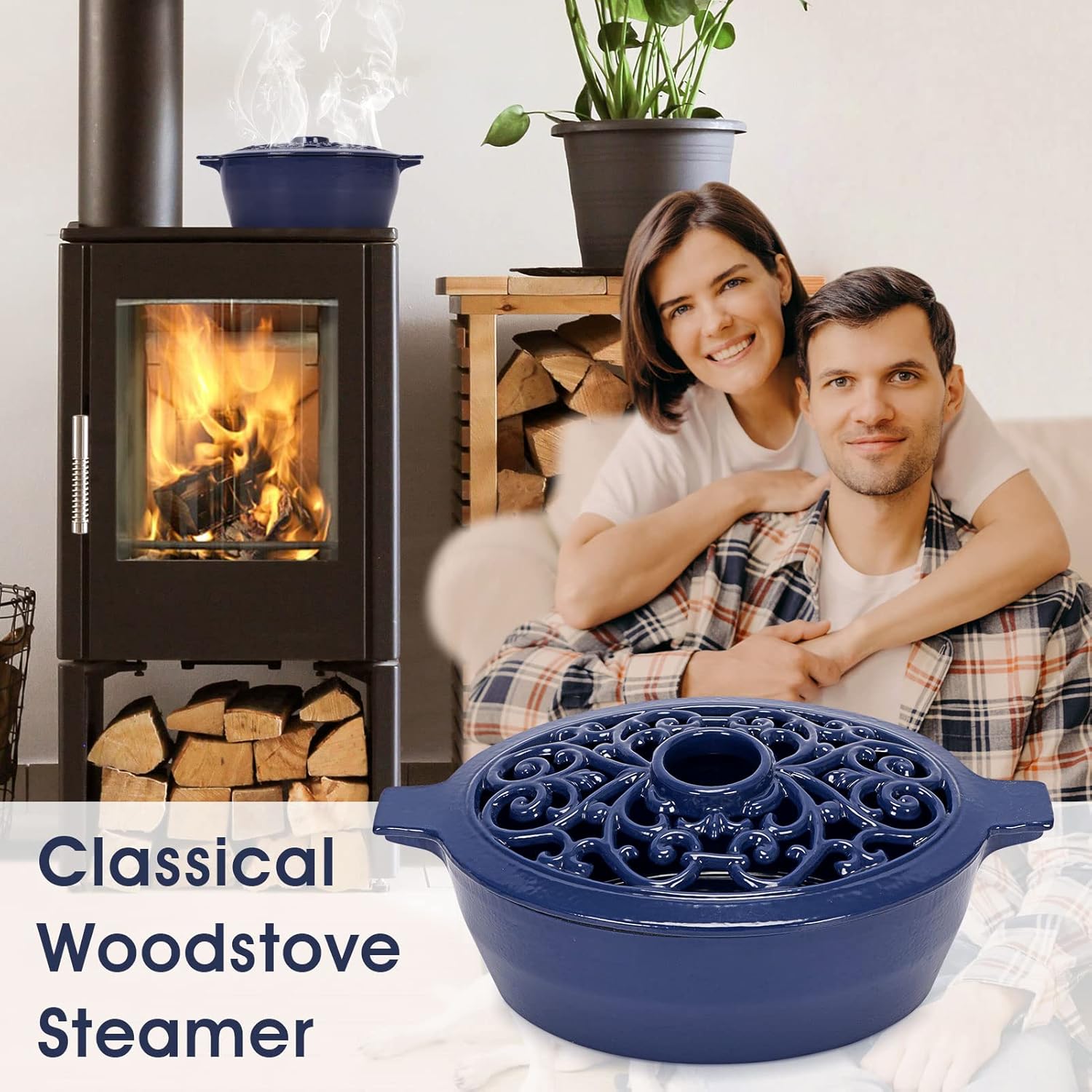Vaporizador de estufa de leña, humidificador de hierro fundido para estufa, decoración de interiores del hogar, acabado negro mate, resistente a la