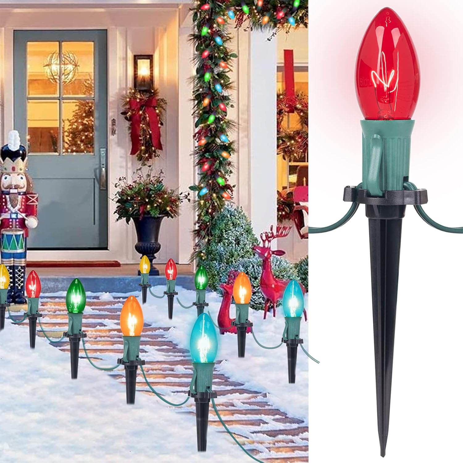 Luces de camino de Navidad para exteriores, luces de Navidad de 51.4 pies con 40 bombillas y estacas multicolores, conectables al aire libre,