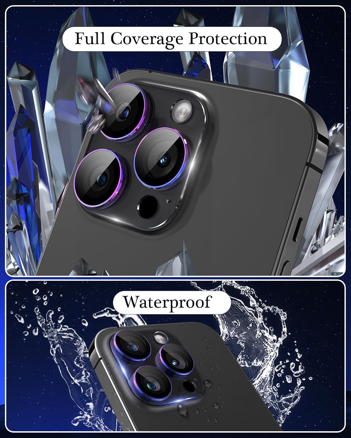 Compatible con iPhone 15 ProiPhone 15 Pro Max, protector de lente de cámara de vidrio templado transparente, anillo de metal antiexplosión, cubierta