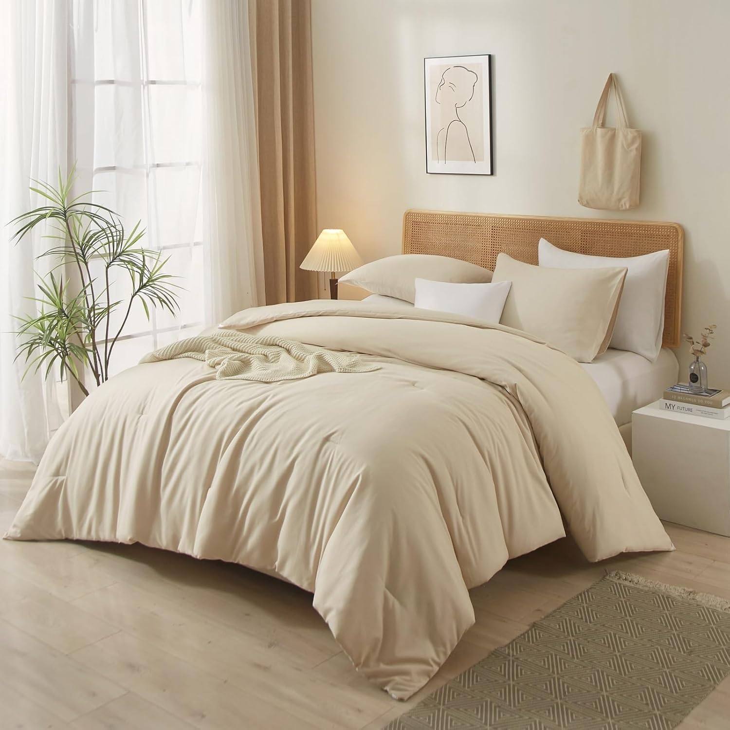 AMWAN Juego de edredón beige Queen Boho Beige Juego de ropa de cama de 3 piezas tamaño Queen, 1 edredón beige tostado con 2 fundas de almohada,