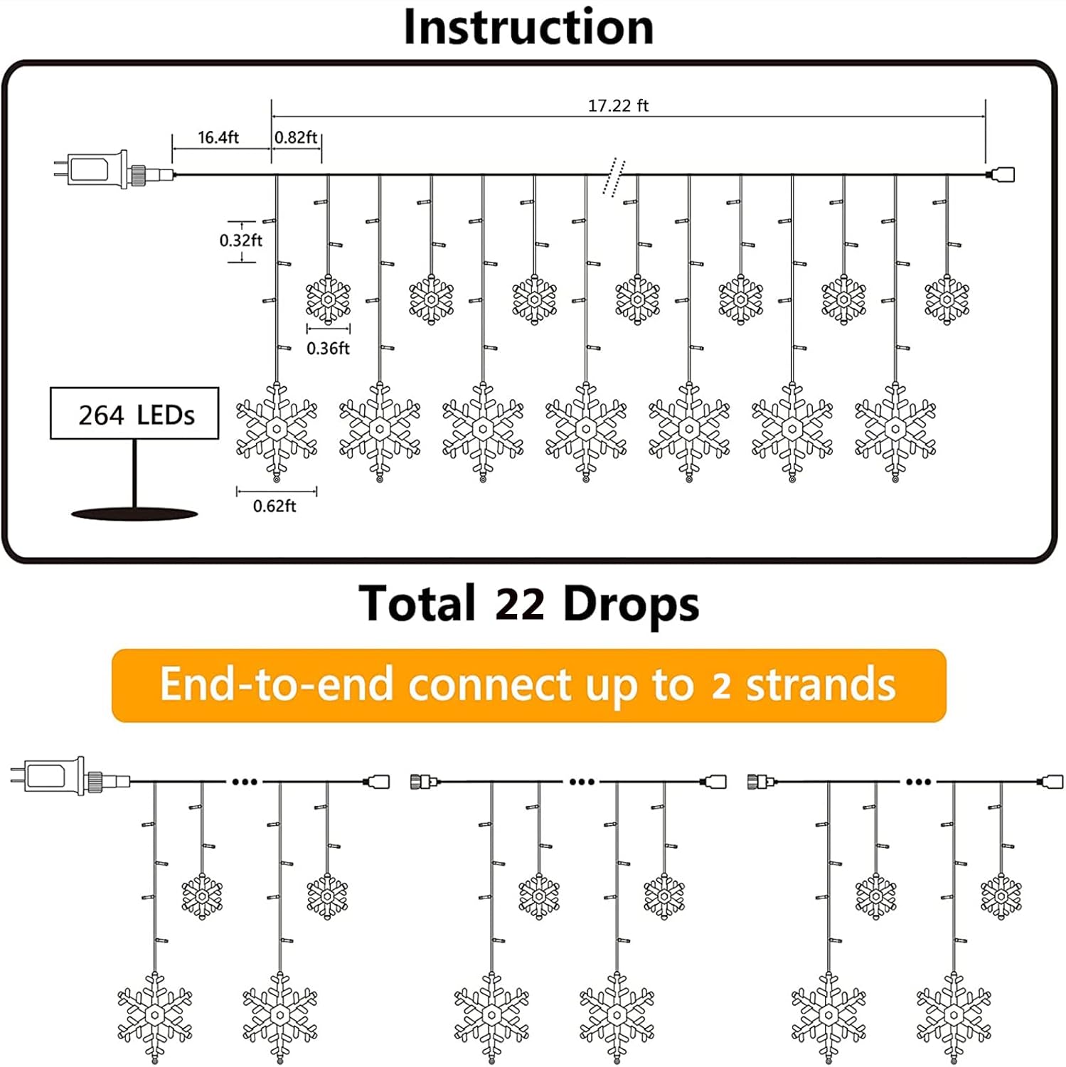 Luces de copo de nieve de Navidad para exteriores, 17.22 pies, 264 luces LED de carámbano de copo de nieve con 22 gotas, 8 modos conectables, luz de