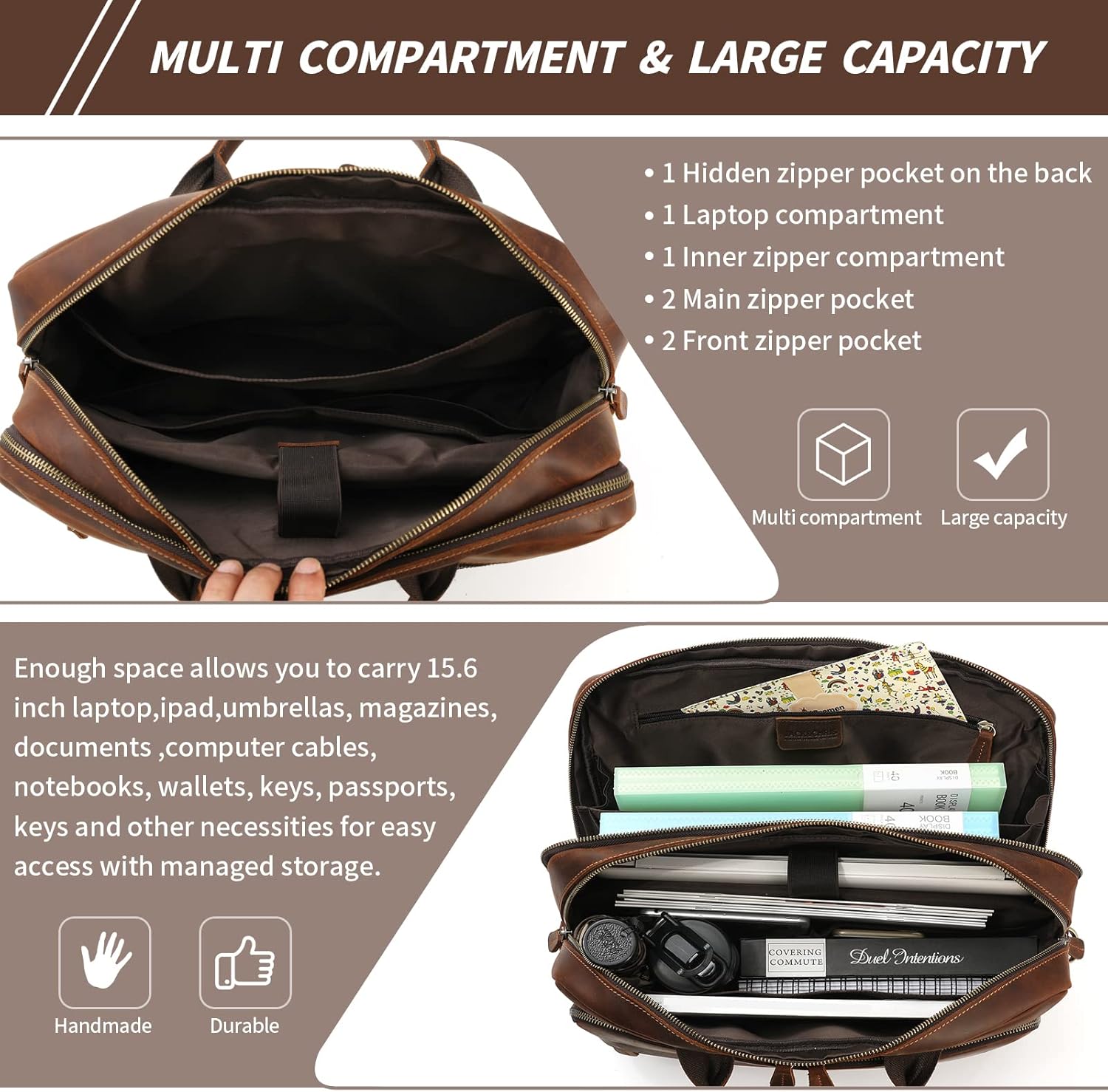 Jack&Chris Maletín de cuero para hombres,Bolso de mensajero retro de viaje de negocios,Bolsa de trabajo grande para portátil de 15.6