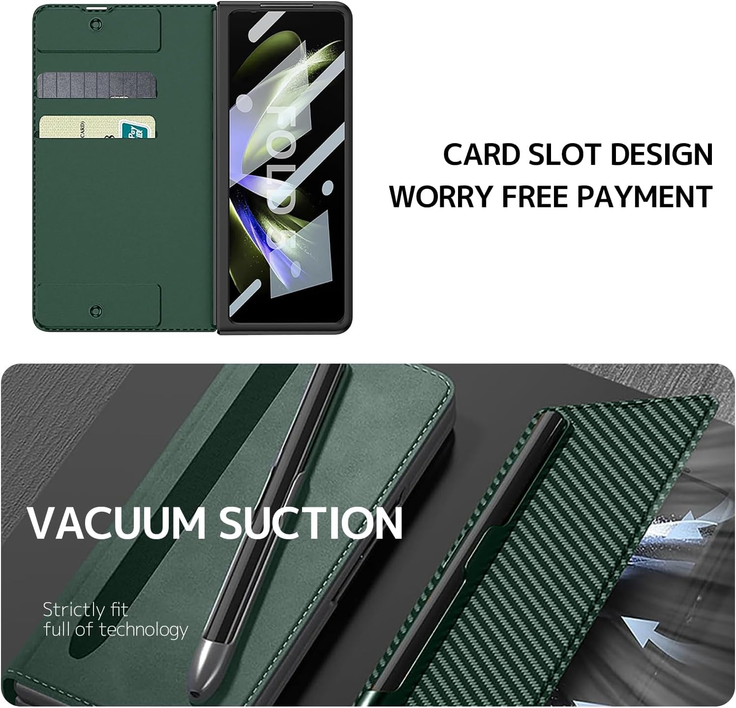 NINKI Funda compatible con Samsung Galaxy Z Fold 5 con protector de pantalla, protección de bisagra, 2 ranuras para tarjetas, soporte desmontable
