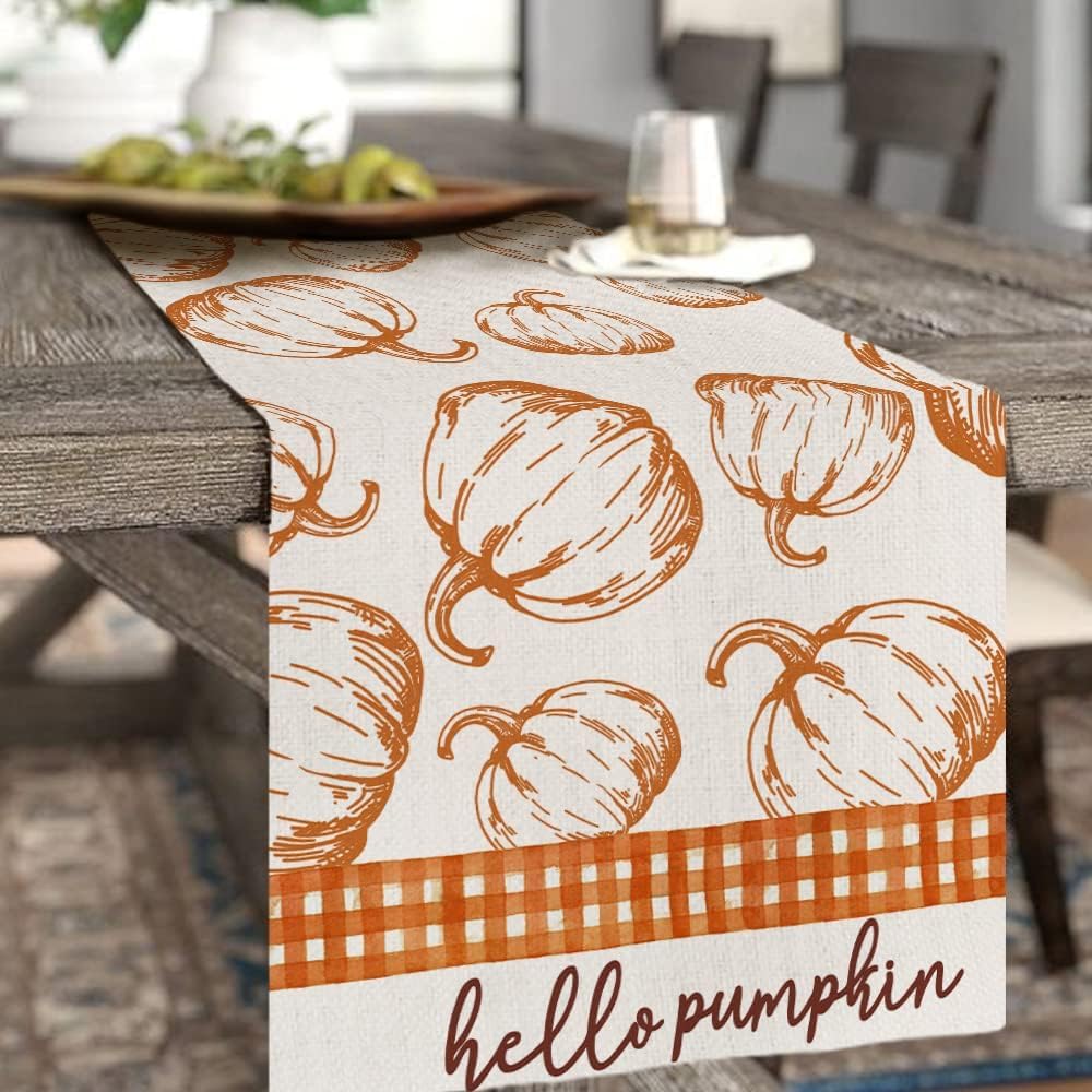 ARKENY Camino de mesa de Acción de Gracias de 13 x 120 pulgadas, naranja Hello Pumpkin, arpillera de temporada para interiores y otoño, camino de