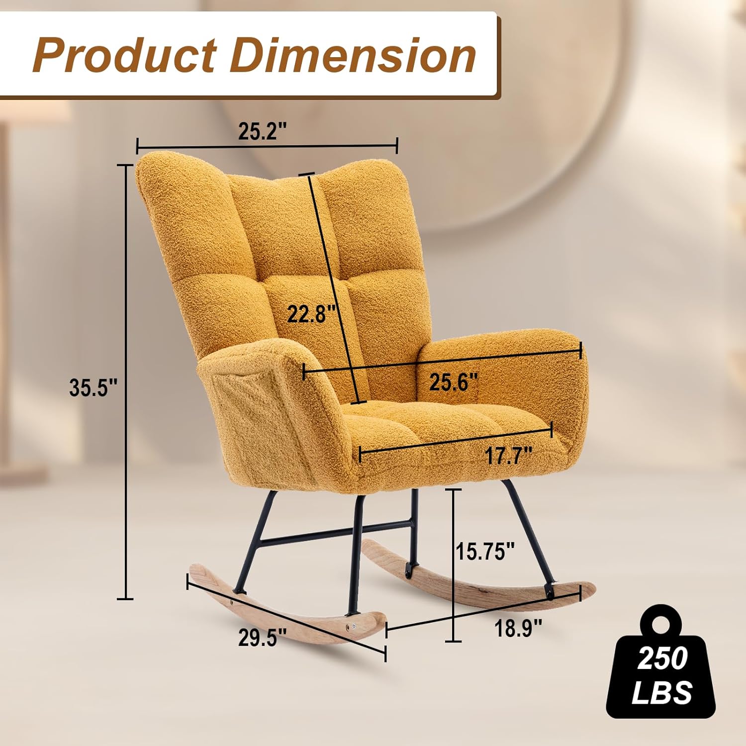 Mecedora de cúrcuma, mecedora tapizada de peluche suave, para habitación del bebé, con respaldo alto y reposabrazos, silla de lectura, mecedora