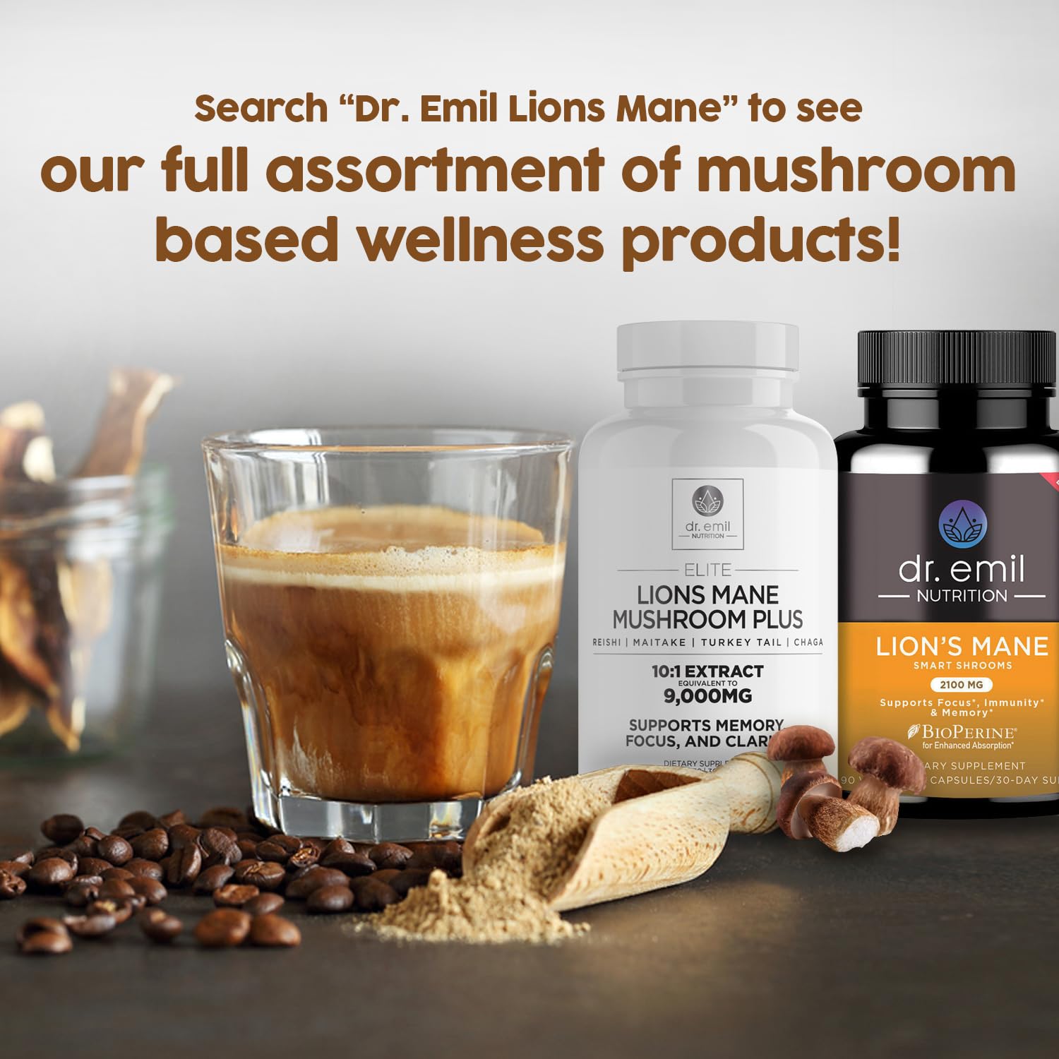 Dr. Emil – Café de hongos para concentración y energía, café instantáneo con melena de león, chaga y cordyceps – Delicioso sabor a caramelo y
