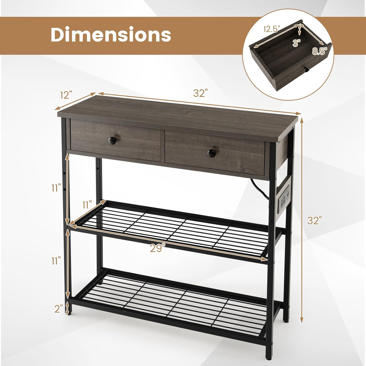 Mesa consola con estación de carga, mesa de entrada con 2 cajones, estación de trabajo de cocina con estantes de almacenamiento, mesa de sofá con