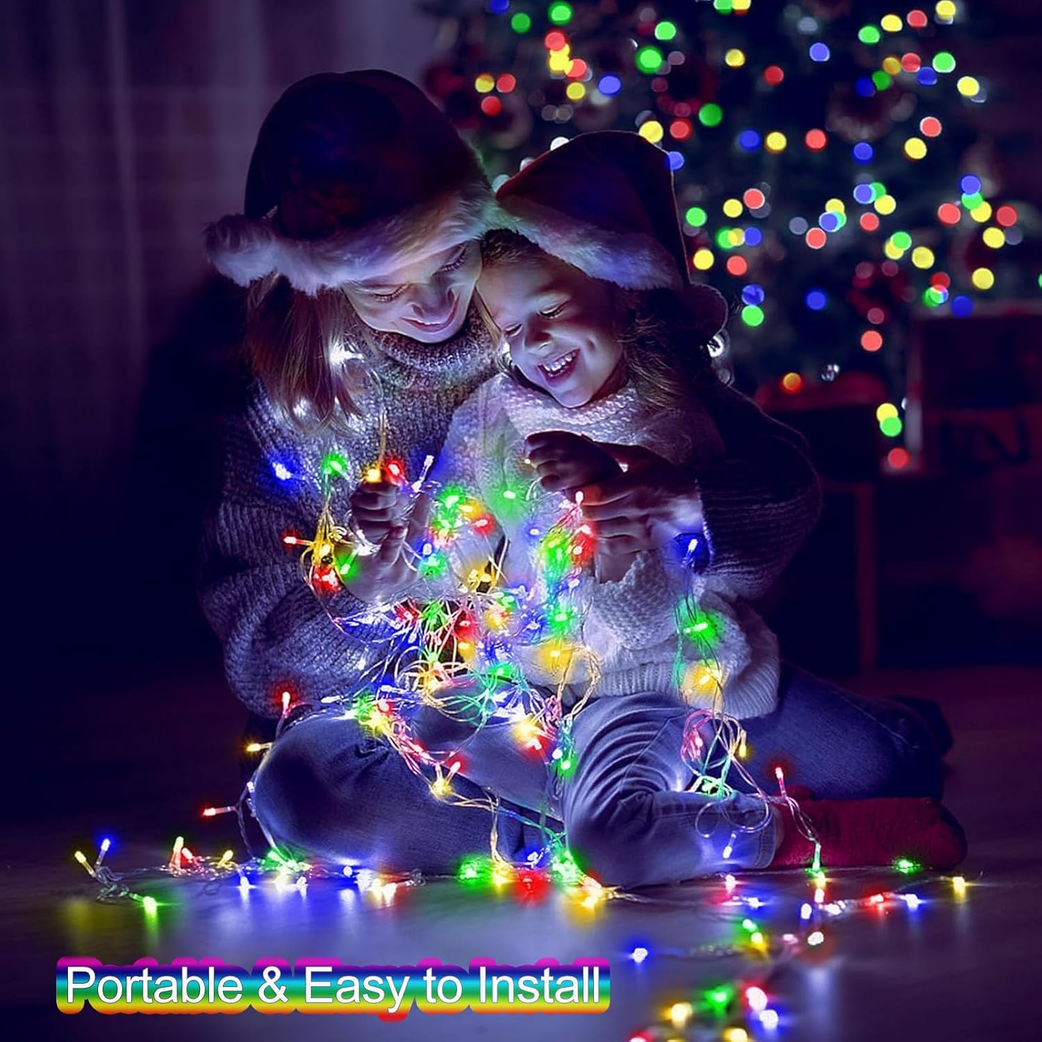 Paquete de 4 tiras de luces multicolor a pilas para exteriores, 16.5 pies, 50 LED, temporizador, luces RGBY de alambre transparente, luces de árbol