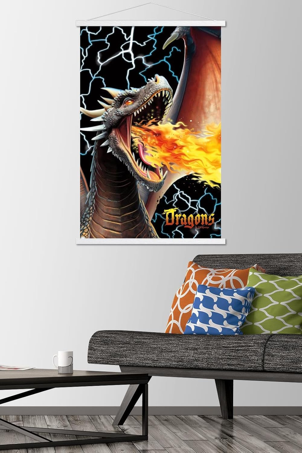 Trends International PD Moreno – Póster de pared de Dragon Lightning, 22.37 x 34.00 pulgadas, paquete de impresión premium y colgador blanco