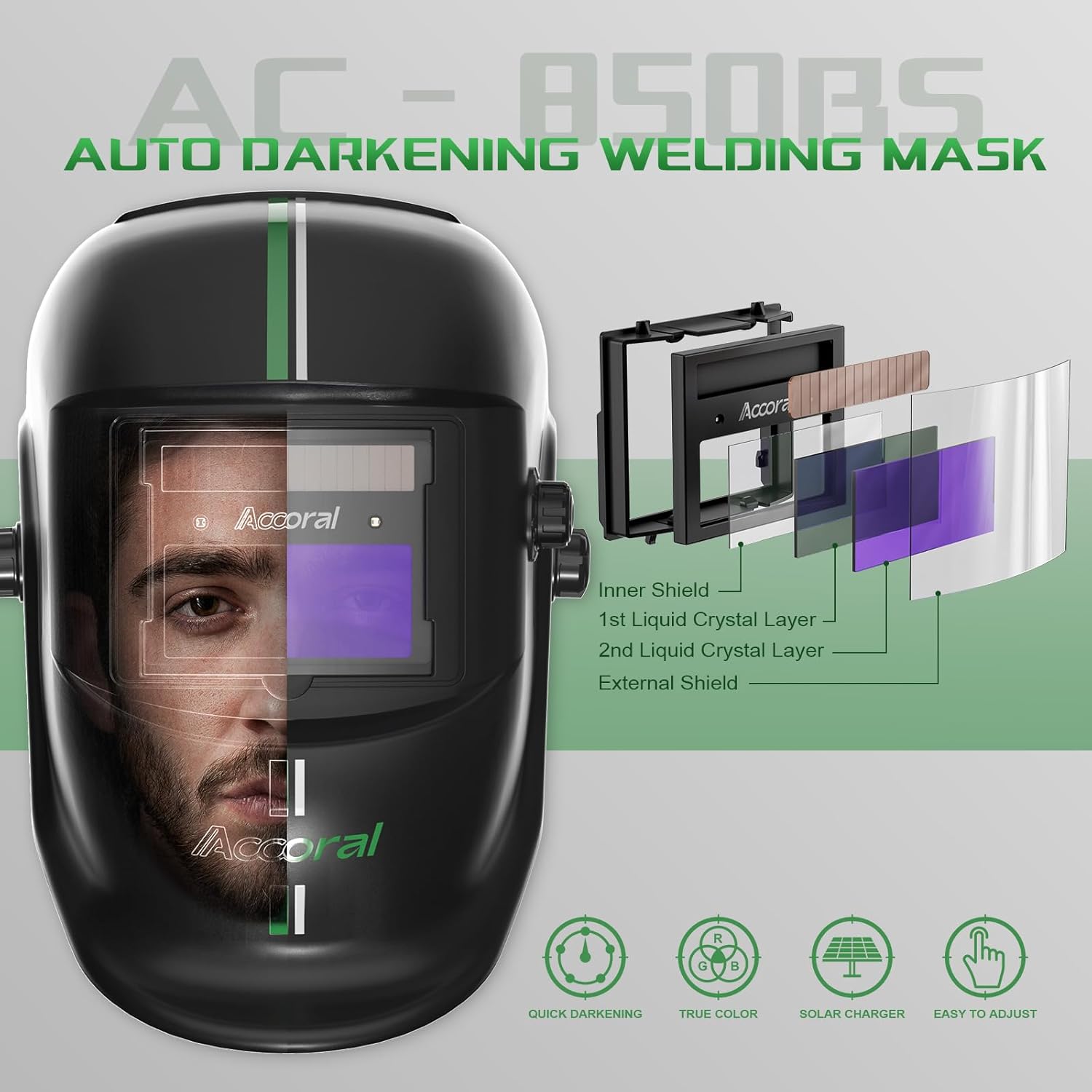 1111 Casco de soldadura con oscurecimiento automático de visión grande, color verdadero, campana de soldadura con energía solar, pantalla ancha
