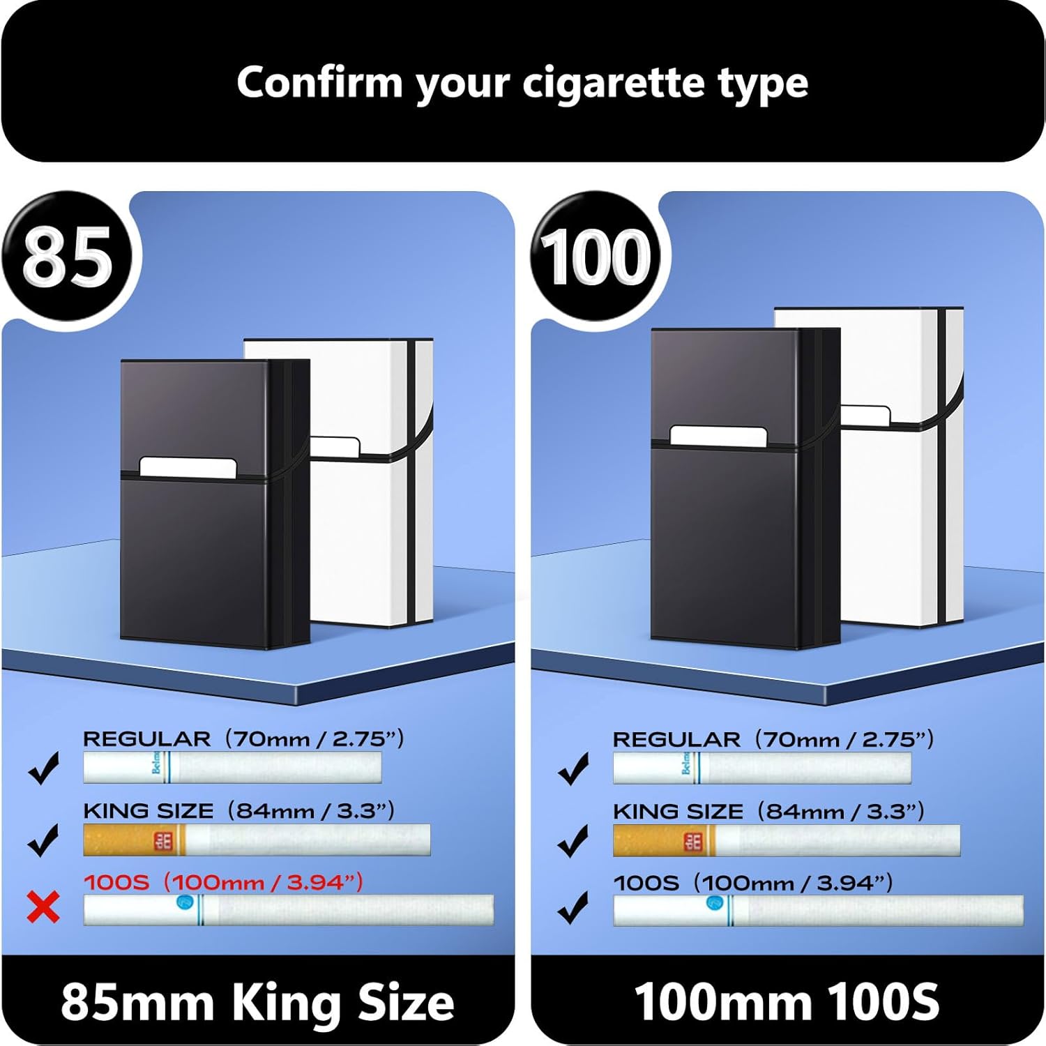 roygra Caja de cigarrillos, interruptor magnético de aluminio con capacidad para 20  2 unidades (negro + plata, 3.346 in tamaño King)