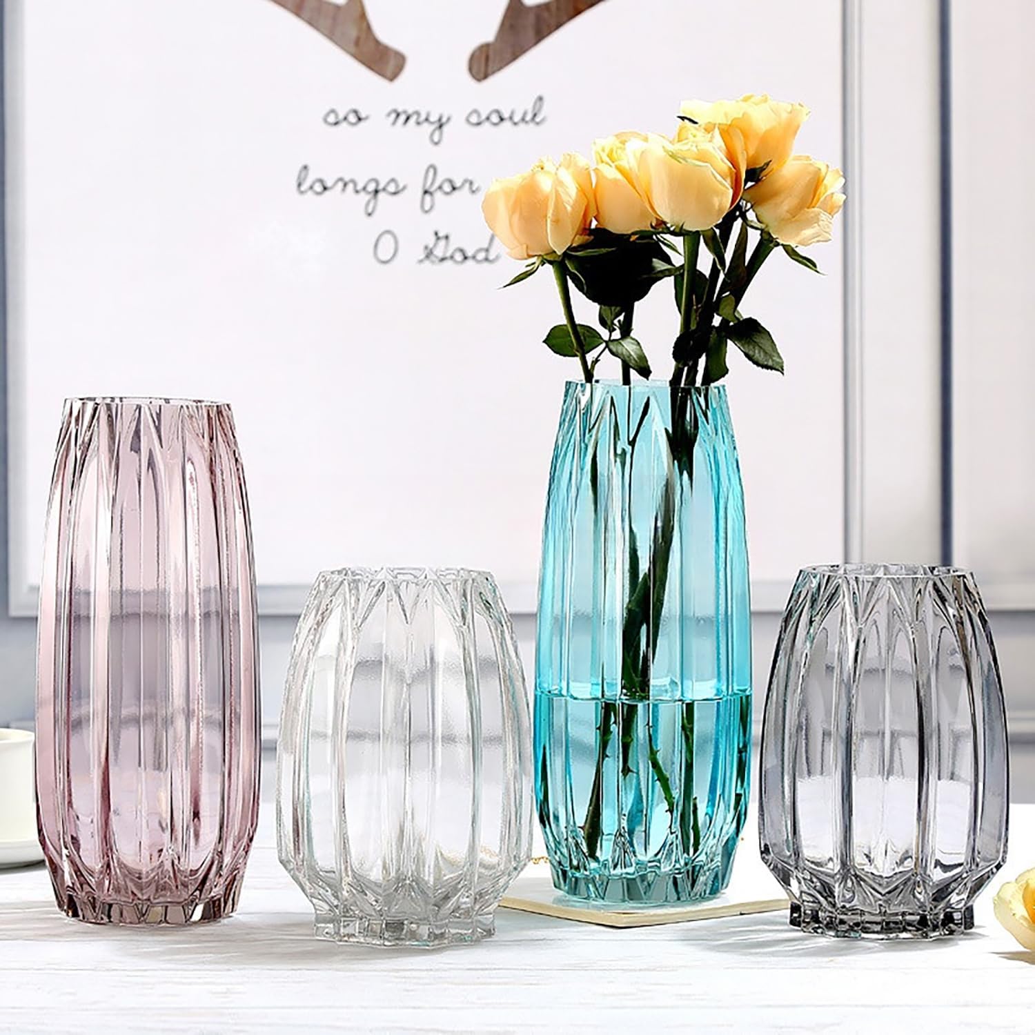 Jarrón de cristal morado y rosa moderno para flores, velas y detalles decorativos, florero de vidrio altocorto para centros de mesa, decoración de