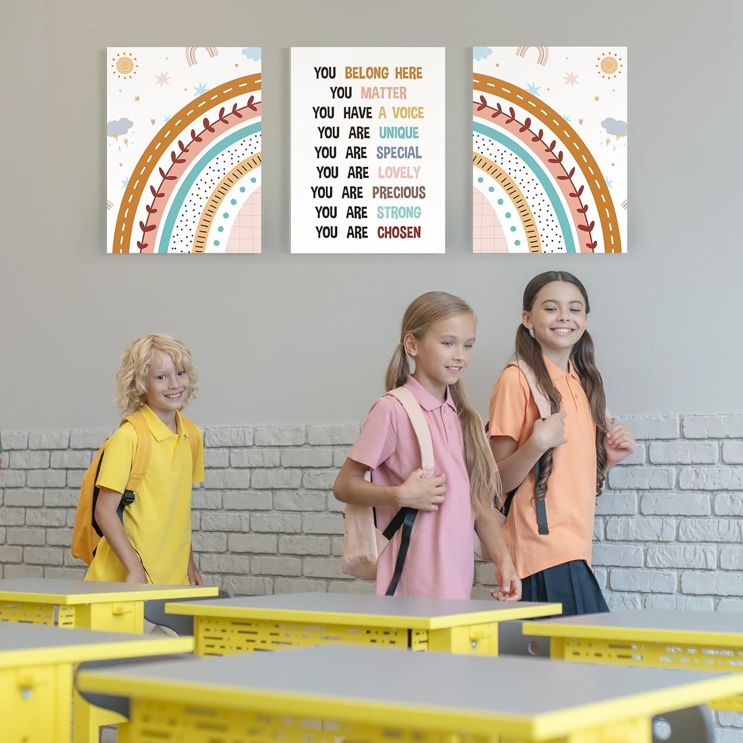 Juego de 3 piezas de decoración de arco iris para el aula, pintura en lienzo de arco iris, inspirador, bohemio, artístico, decoración de pared para