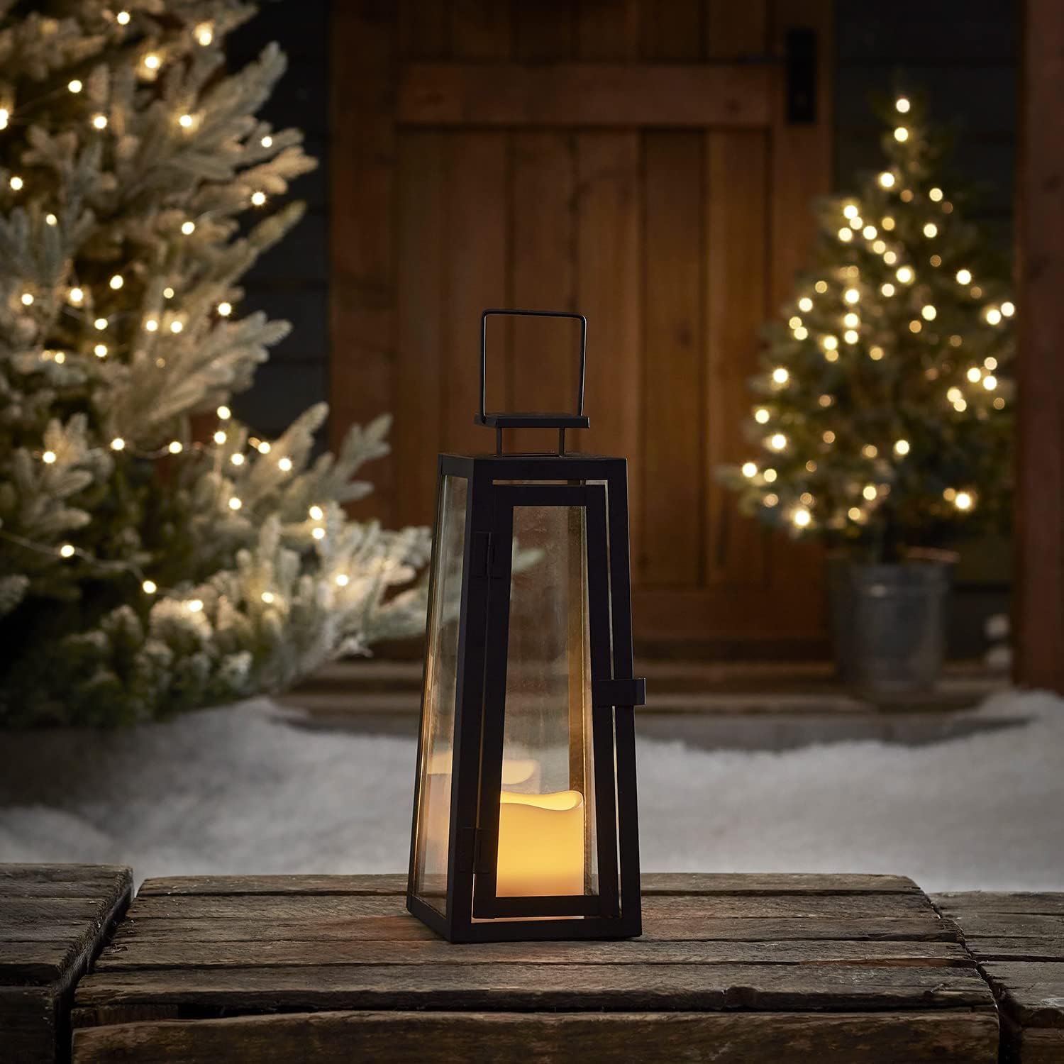 Lights4fun, Inc. Farol LED solar metálico negro, vela sin llama, totalmente resistente a la intemperie, para jardín y patio