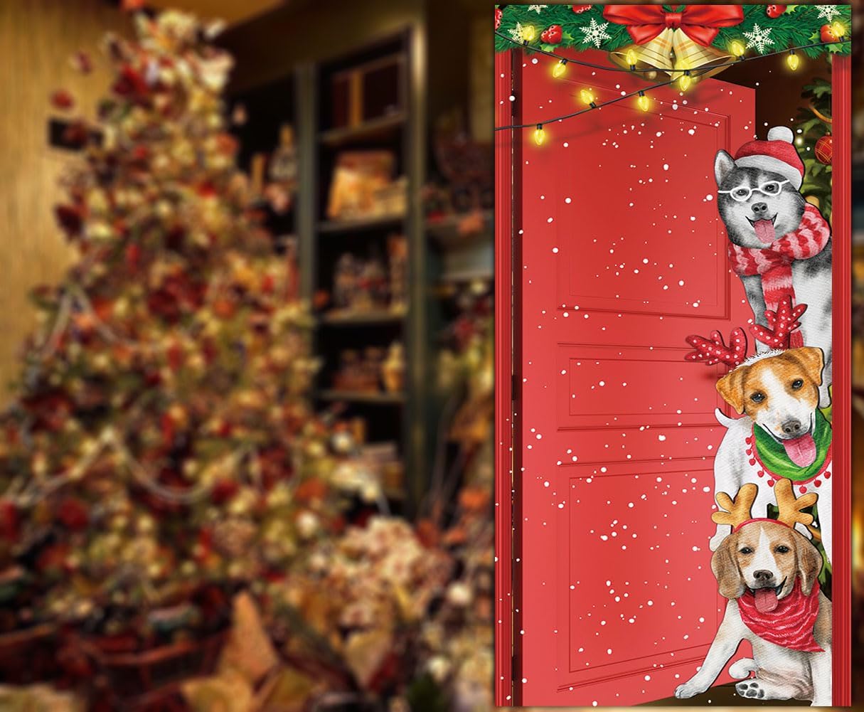 Divertida cubierta de puerta de perros de Navidad, pancarta grande de Feliz Navidad, decoración de carteles de Navidad para el hogar, tienda,