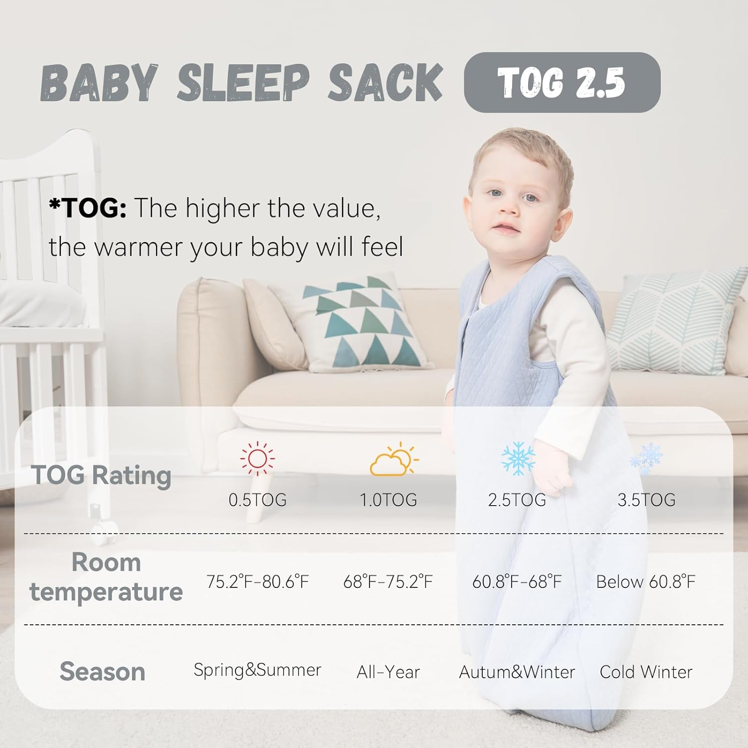 Yoofoss Saco de dormir para bebé de 6 a 12 meses, TOG 2.5, manta de invierno para bebé, 100% algodón, saco de dormir para niños pequeños, con